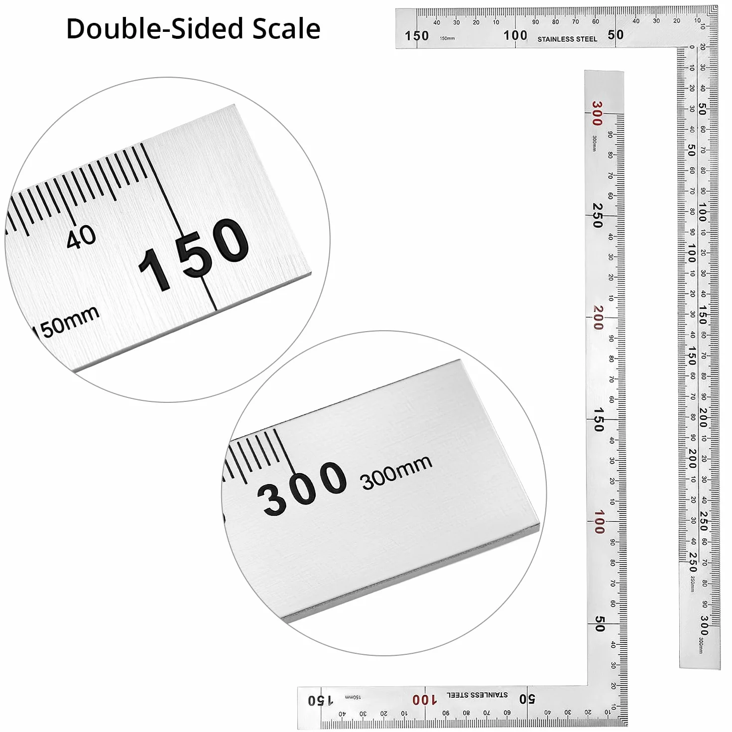 QWORK® Kwadratowa linijka ze stali nierdzewnej w kształcie litery L, 150 x 300 mm, dwustronna linijka kątowa do biura, budownictwa i obróbki drewna