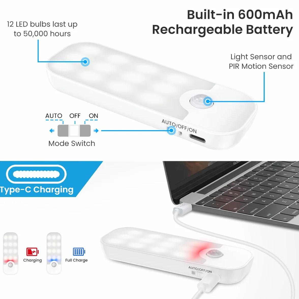 Światła z czujnikiem ruchu do wewnątrz, 2 sztuki, ładowane przez USB, 3 tryby, bezprzewodowy czujnik ruchu z paskami magnetycznymi, do szafy, schodów, korytarza, sypialni, szafki, 2 szt