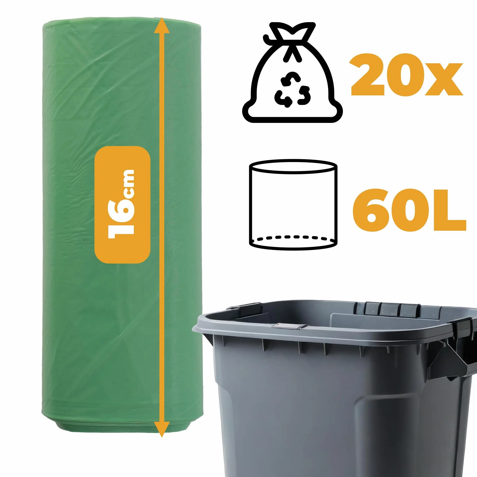 Worki do Segregacji Śmieci Zielone MOCNE 60L Rolka 20 szt Wytrzymałe Worki na Odpady Segregacyjne Materiał LDPE Worki w Rulonie do Pracy, Domu, Garażu Torby na Odpady
