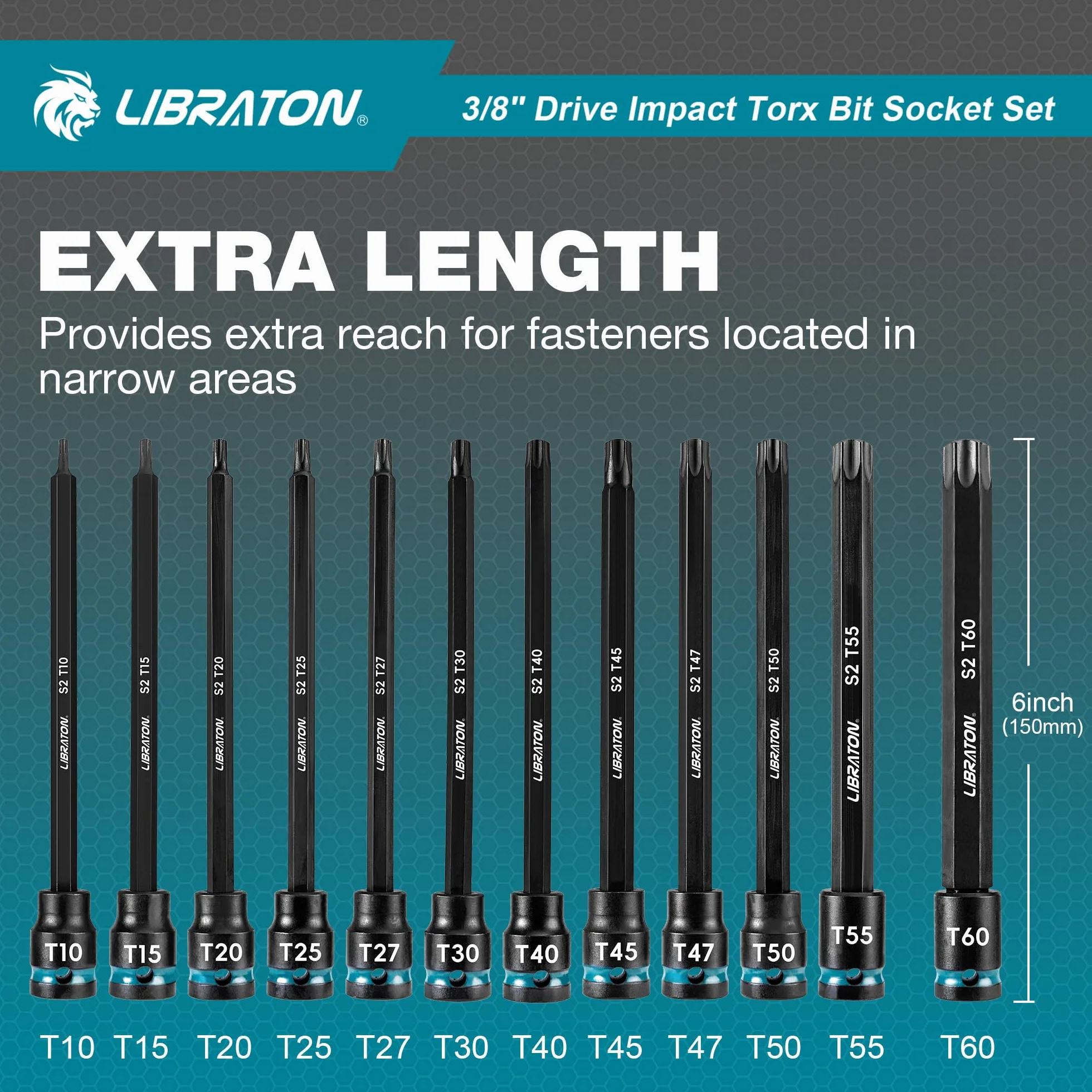 LIBRATON Zestaw nasadek bitowych i Torx 3/20,3 cm, bardzo długie gniazdo Torx, gniazda bitowe ze stali stopowej S2, T10-T60