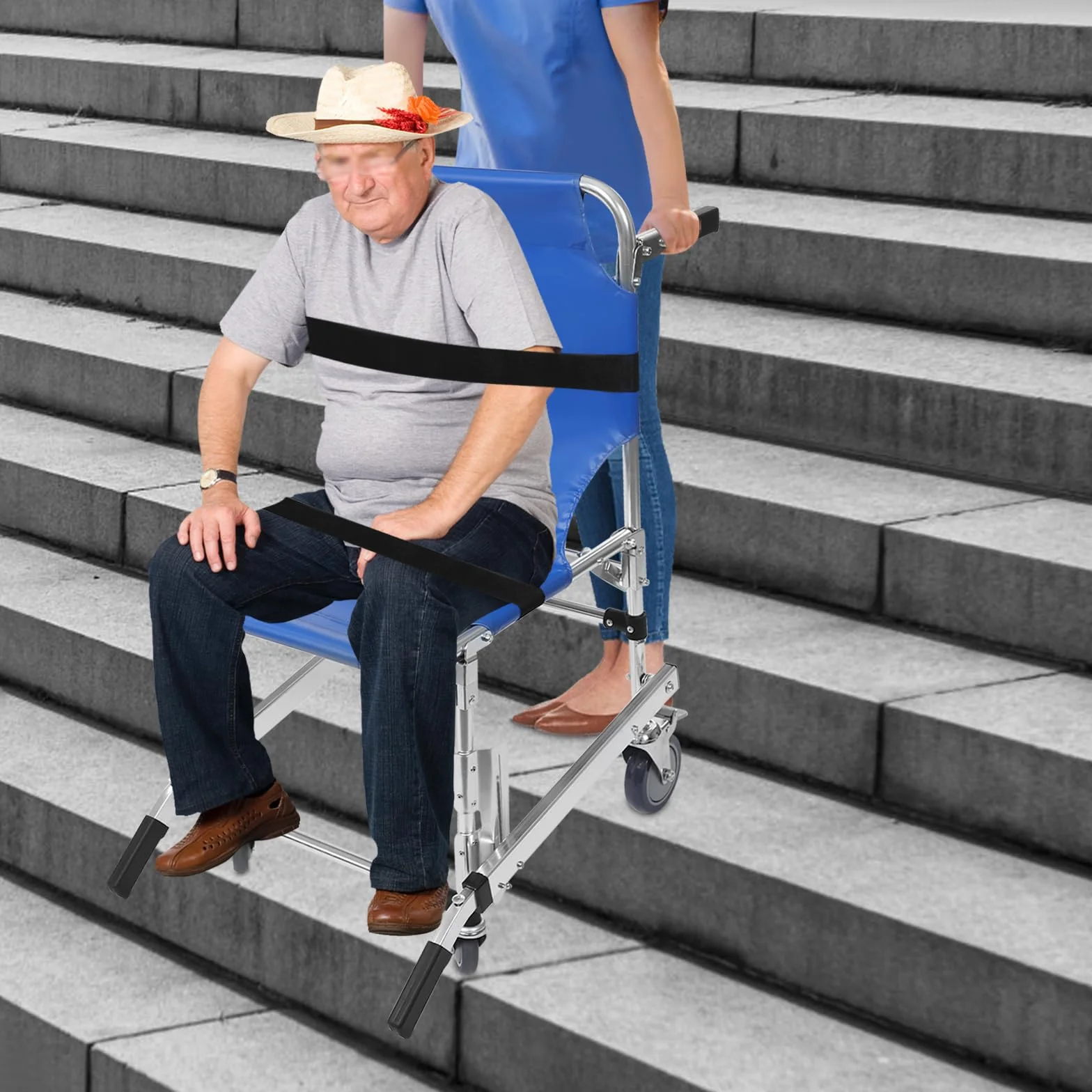 Krzesło schodowe składane aluminiowe dla seniorów z pasami bezpieczeństwa 160 kg