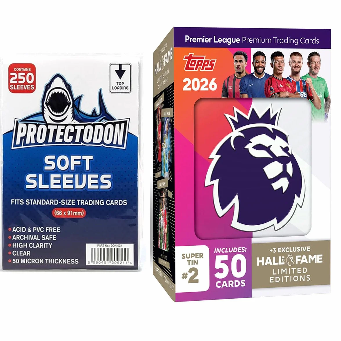 Topps Premier League 2025/26 Super Tin #2 (seria Hall of Fame) | zawiera 50 kart plus 3 ikony Hall of Fame, karty kolekcjonerskie + 250 rękawów na karty Protectodon