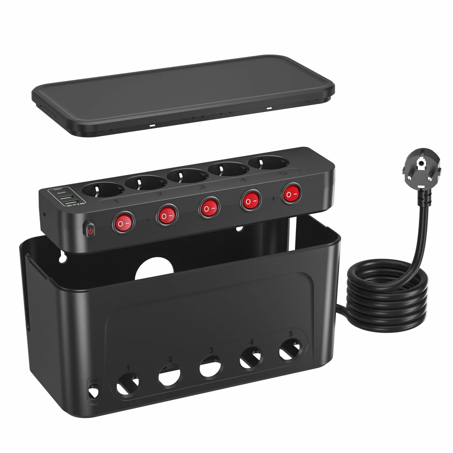 Skrzynka na Kable z Listwą Zasilającą USB C,Duża Skrzynka Kablowa Rozgałęziacz do Wielokrotne Gniazdka z przełącznikiem,Zarządzanie Kablami na Biurku,Porządkowanie Kabli,Przedłużacz 1,5 m,Czarna
