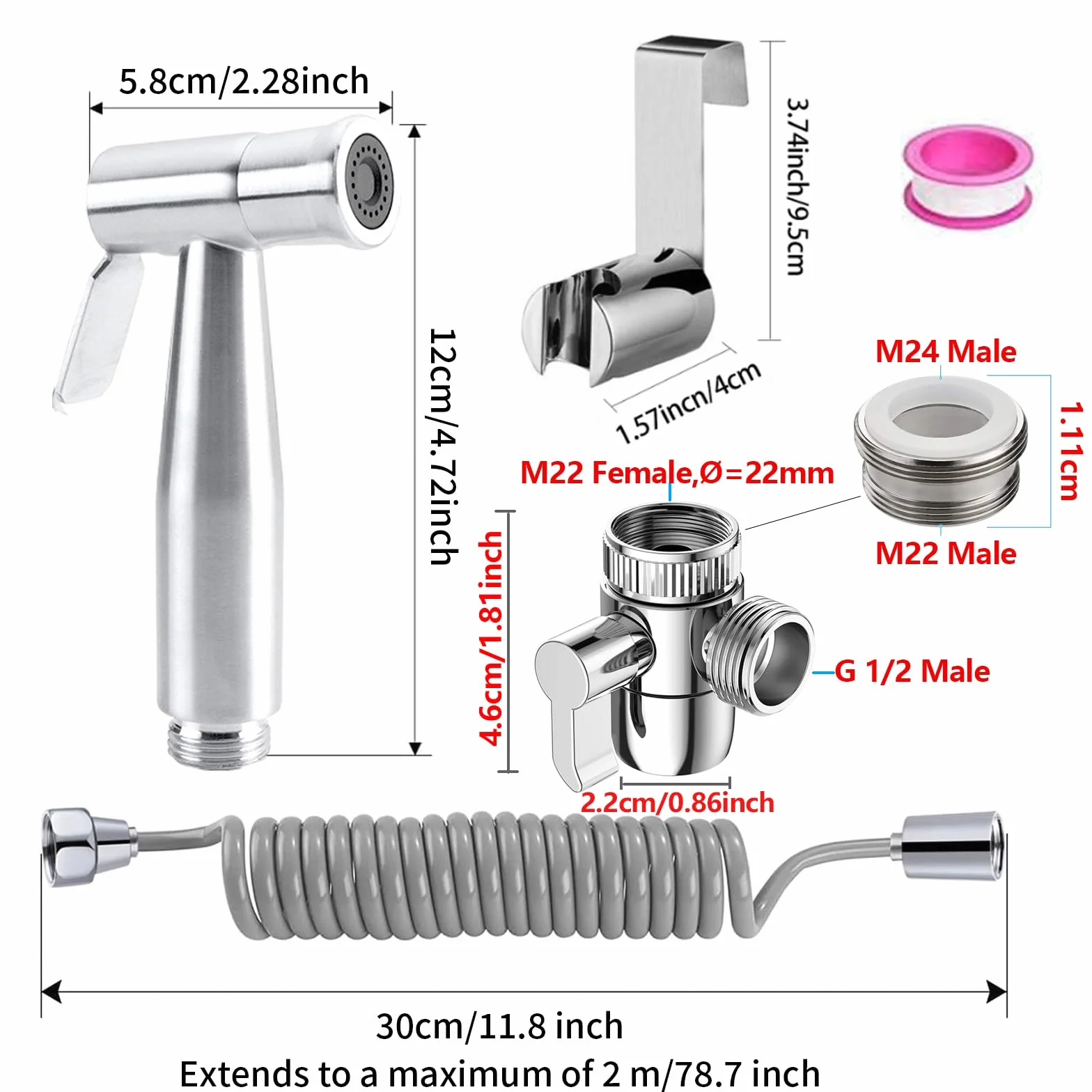 Bidet zestaw prysznicowy z kranem, dozownikiem, srebrny