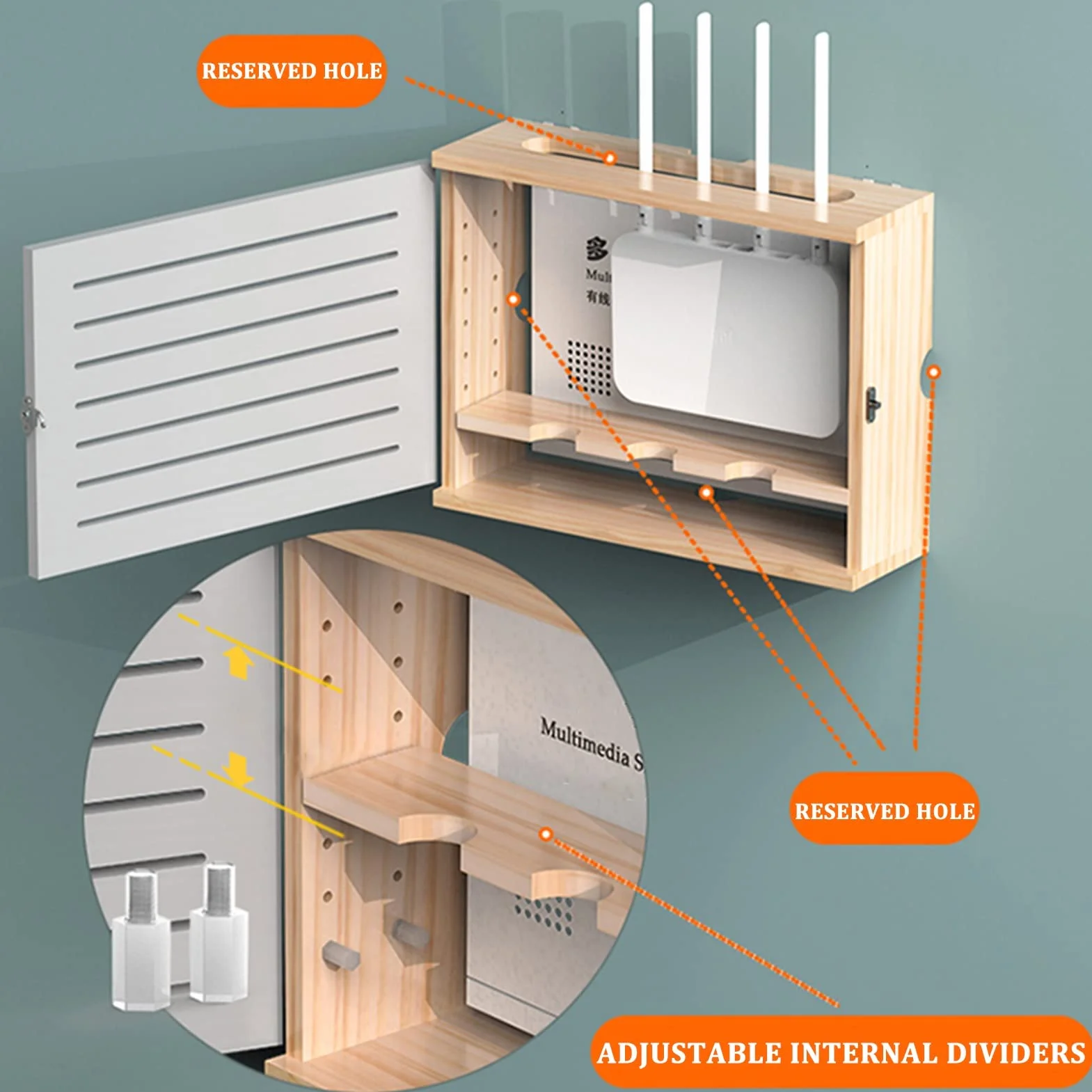 Uchwyt ścienny WiFi Router Schowek Drewniany dekoder sieciowy WiFi Kabel modemu ​Osłona routera Zorganizowana moc do domu sypialni salonu (kolor: Nutural-A, rozmiar: 47,4 x 37,4 x 10 cm)