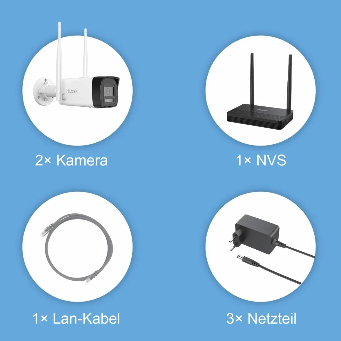 HiLook Zestaw do monitoringu WLAN do użytku na zewnątrz, 2 x 4 MP kamery Bullet, WiFi NVS z gniazdem micro-SD, kompletny zestaw do użytku na zewnątrz, rozpoznawanie ludzi i pojazdu, widoczność w nocy