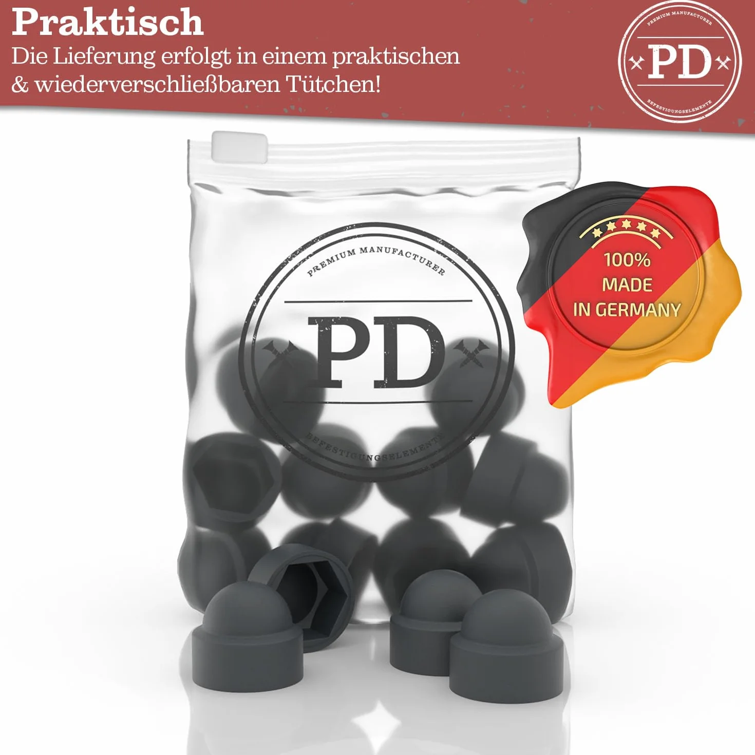 PD® Sześciokątne nakładki ochronne M8 (rozmiar klucza 13), antracytowe, z tworzywa sztucznego, trwałe zaślepki na nakrętki i łby śruby, antracytowe, 50 sztuk