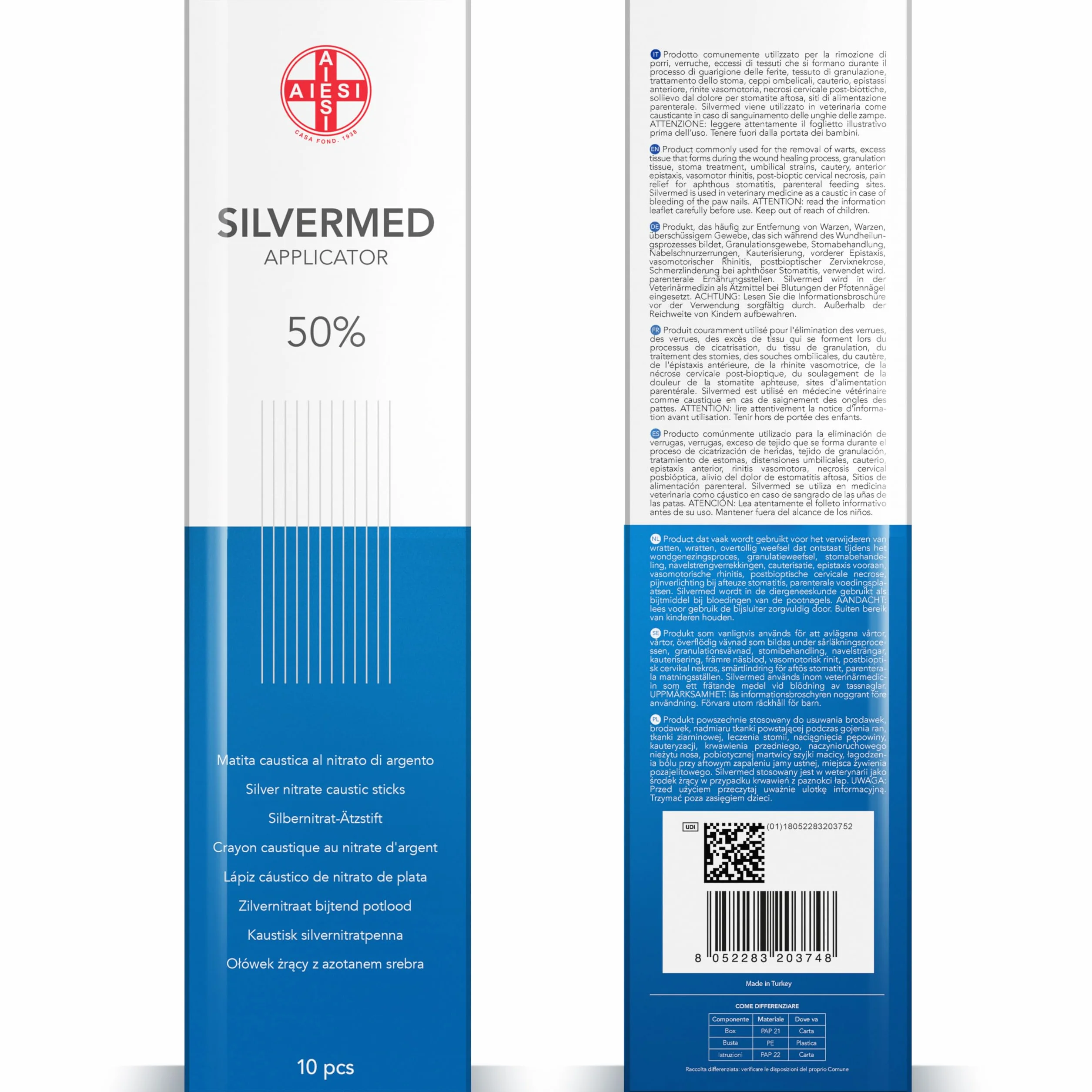 AIESI® Pałeczki z azotanu srebra 50% do leczenia brodawek i nagniotków SILVERMED 50 (Opakowanie 10 aplikatorów)