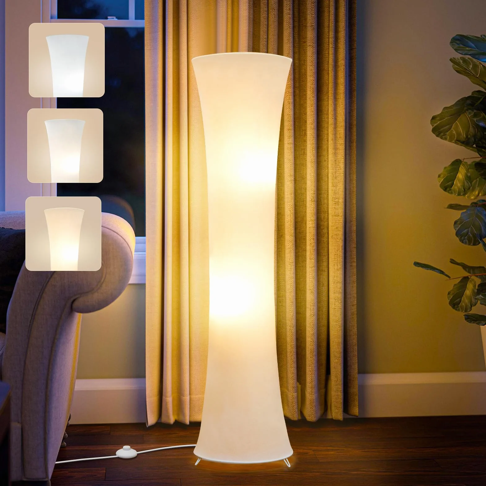 GyroVu Lampa stojąca LED, 46", 3-stopniowa temperatura barwowa LED, lampa stojąca kolumnowa do narożnika, do sypialni, biura i salonu – biały abażur z tkaniny, żarówki w zestawie