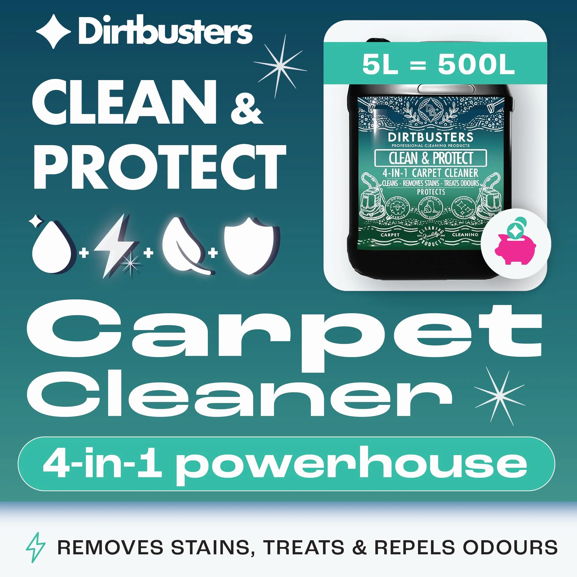 Dirtbusters Szampon do czyszczenia dywanów, środek czyszczący Clean & Protect z ochroną przed plamami i oczyszczeniem zapachów (5 l)
