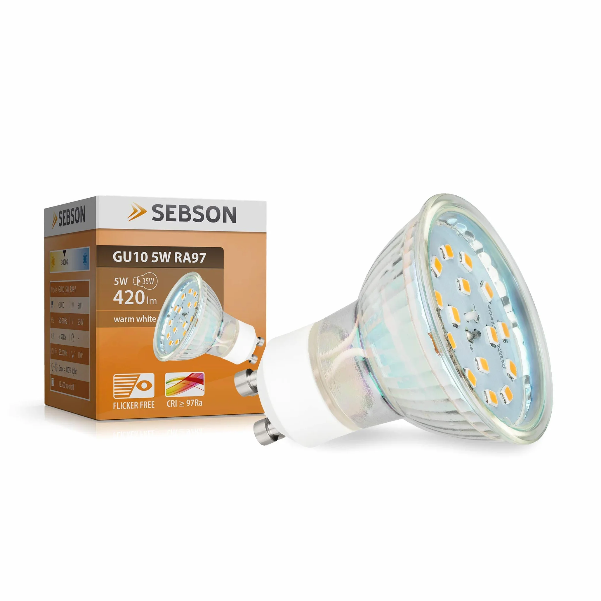 SEBSON Żarówka GU10 LED 5W - 10 Sztuk - Ciepłe białe światło 3000K 420lm Ra97 230V - Lampa wpuszczana niemigoczący