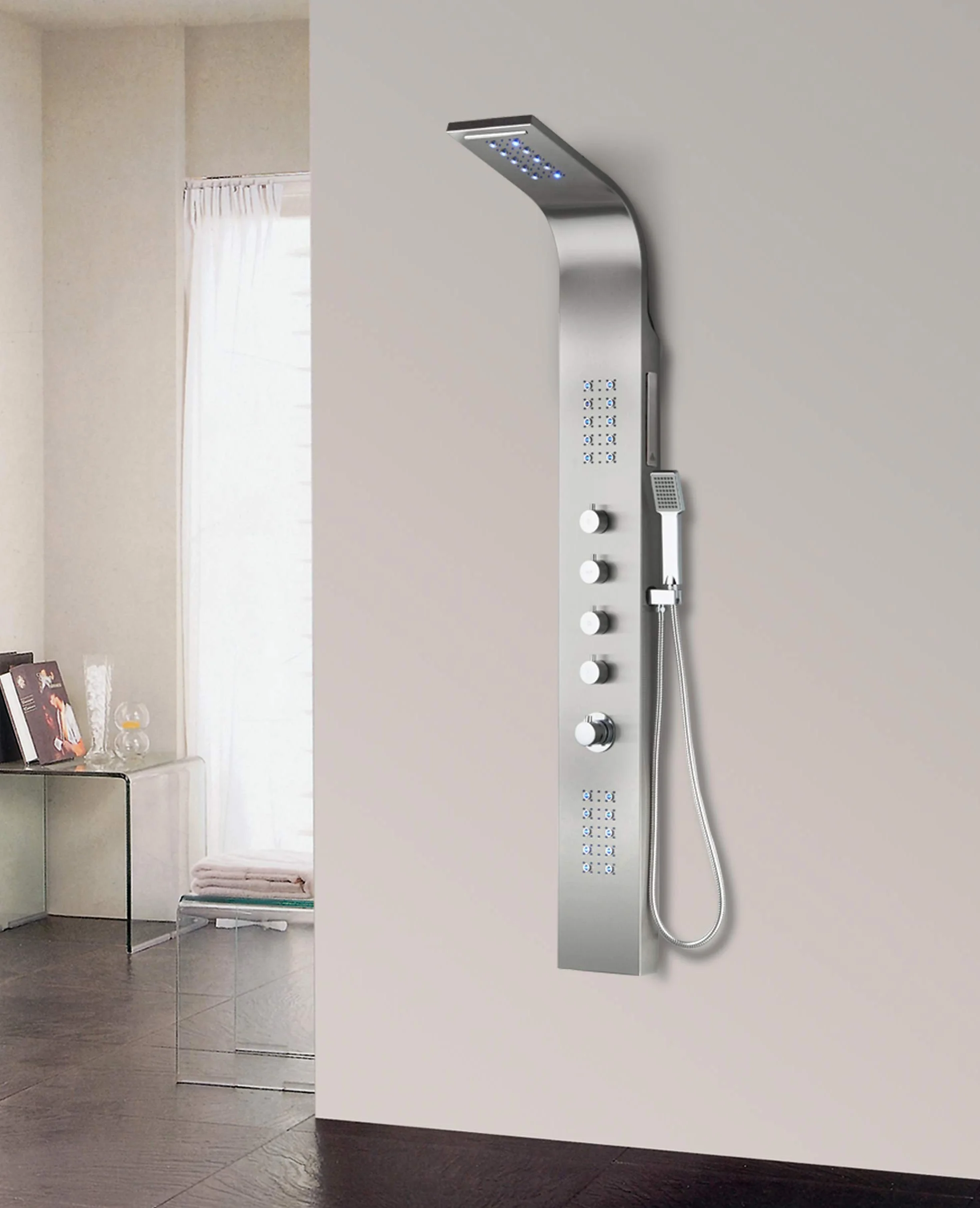 Elbe Panel prysznicowy ze stali nierdzewnej z termostatem, 2 dysze do masażu, prysznic z wodospadem, deszczownica, słuchawka prysznicowa, niebieska lampa LED, system prysznicowy 165 x 20 x 7 cm w