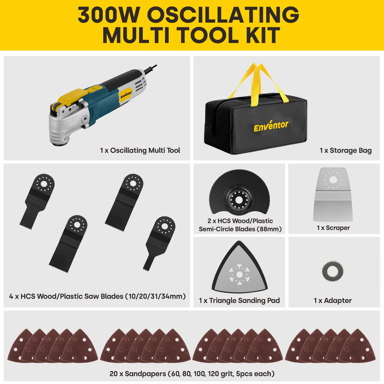 ENVENTOR Narzędzie oscylacyjne, 300 W, narzędzie wielofunkcyjne z 28 akcesoriami, 6 zmiennych prędkości 15000-22000 obr./min, kąt oscylacji 3°, do cięcia, rzeźbienia, wiercenia, szlifowania