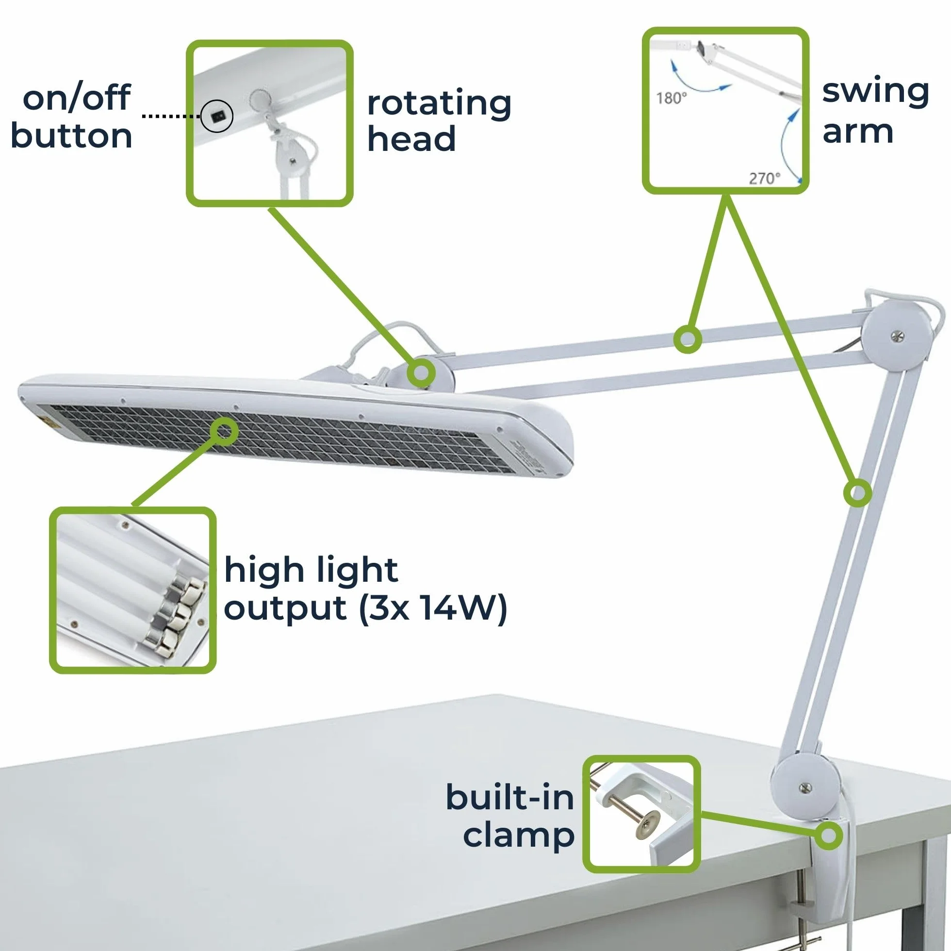 Velleman Lampka biurkowa z zaciskiem, lampa robocza TL 3x 14 W, 2700 lm, światło dzienne 6500 K, klosz 60 cm, biała do biura, hobby, manicure, szycia i prac precyzyjnych