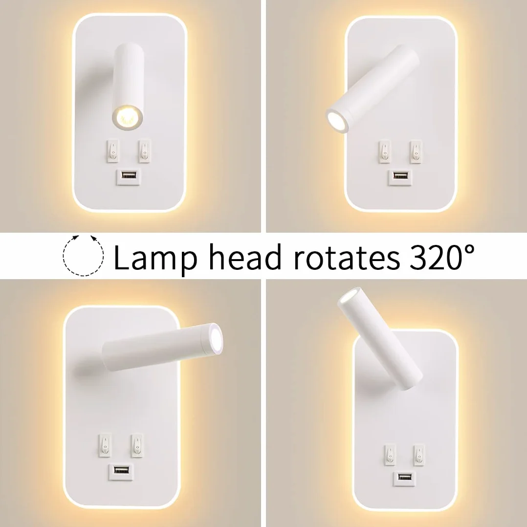 LED Kinkiet, z Przełącznikiem, z portem ładowania USB, 350°Obrotowa Lampka Nocna Nowoczesna Lampa do Czytania Lampa Ścienna Ciepłe Białe Światło 3W 3100K+9W 6000K do sypialni, nauka (Biały)