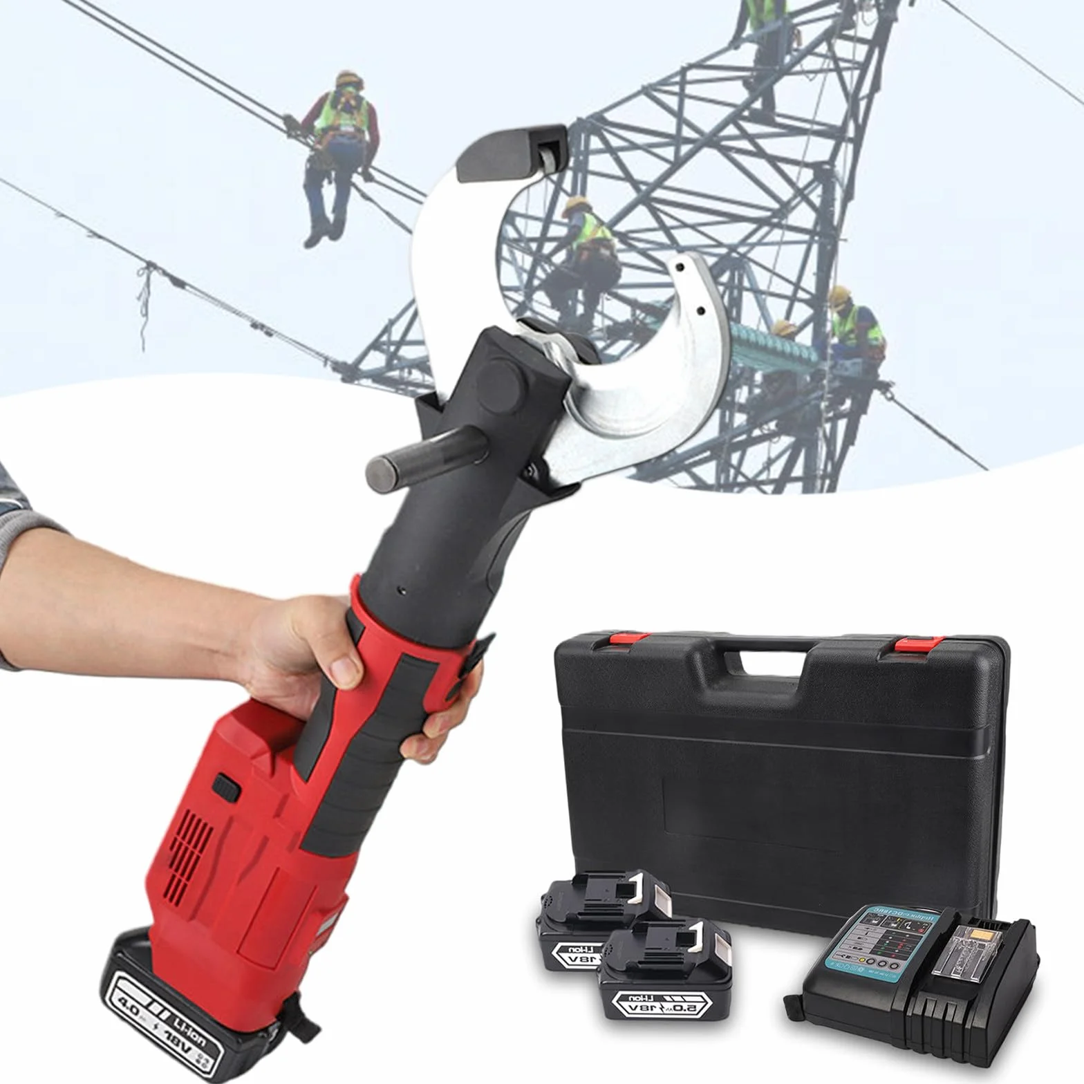 Bezprzewodowe nożyce do kabli hydraulicznych, elektryczne narzędzie do cięcia kabli o sile 80 kN, do kabli ACSR i Cu/Al, zasilanie 18 V z wyświetlaczem LED