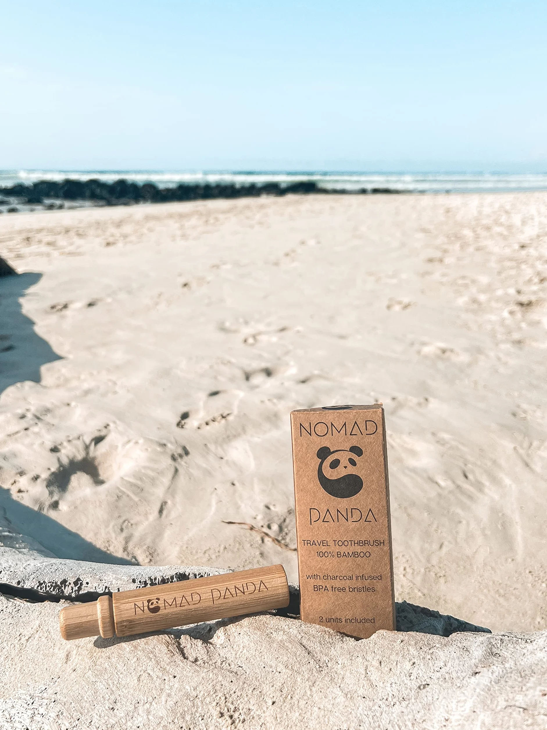 NOMAD Panda bambusowa szczoteczka do zębów, bambusowe etui, szczoteczka do zębów z uchwytem na szczoteczki do zębów, przyjazna dla środowiska podróżna szczoteczka do zębów, składana, przenośne etui na