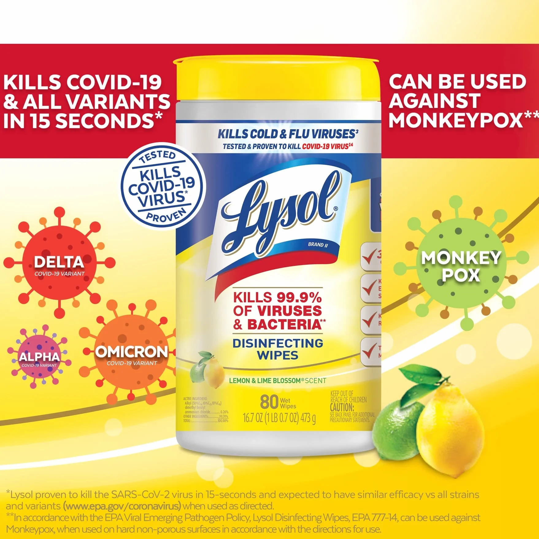Lysol Disinfecting Wipes, Lemon & Lime Blossom, 80ct