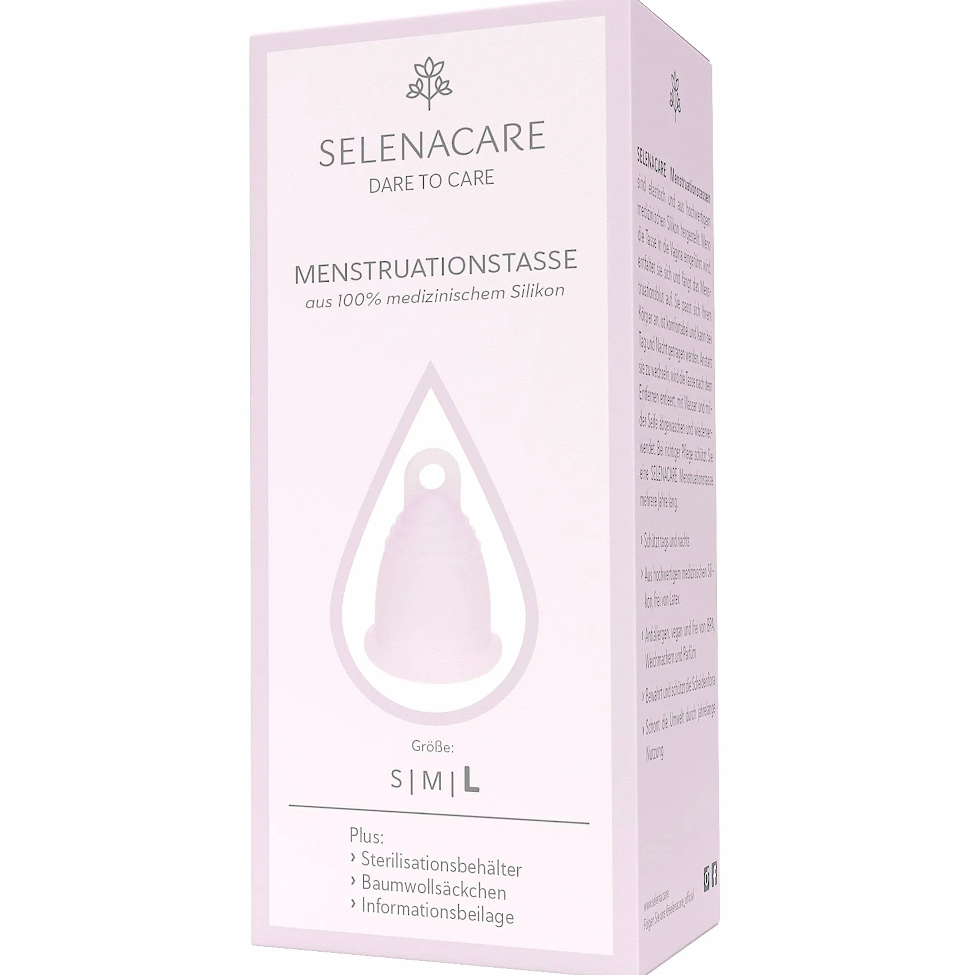 Selenacare Filiżanka menstruacyjna Premium – z pojemnikiem do czyszczenia i woreczkiem do przechowywania z bawełny, różowa, rozmiar L