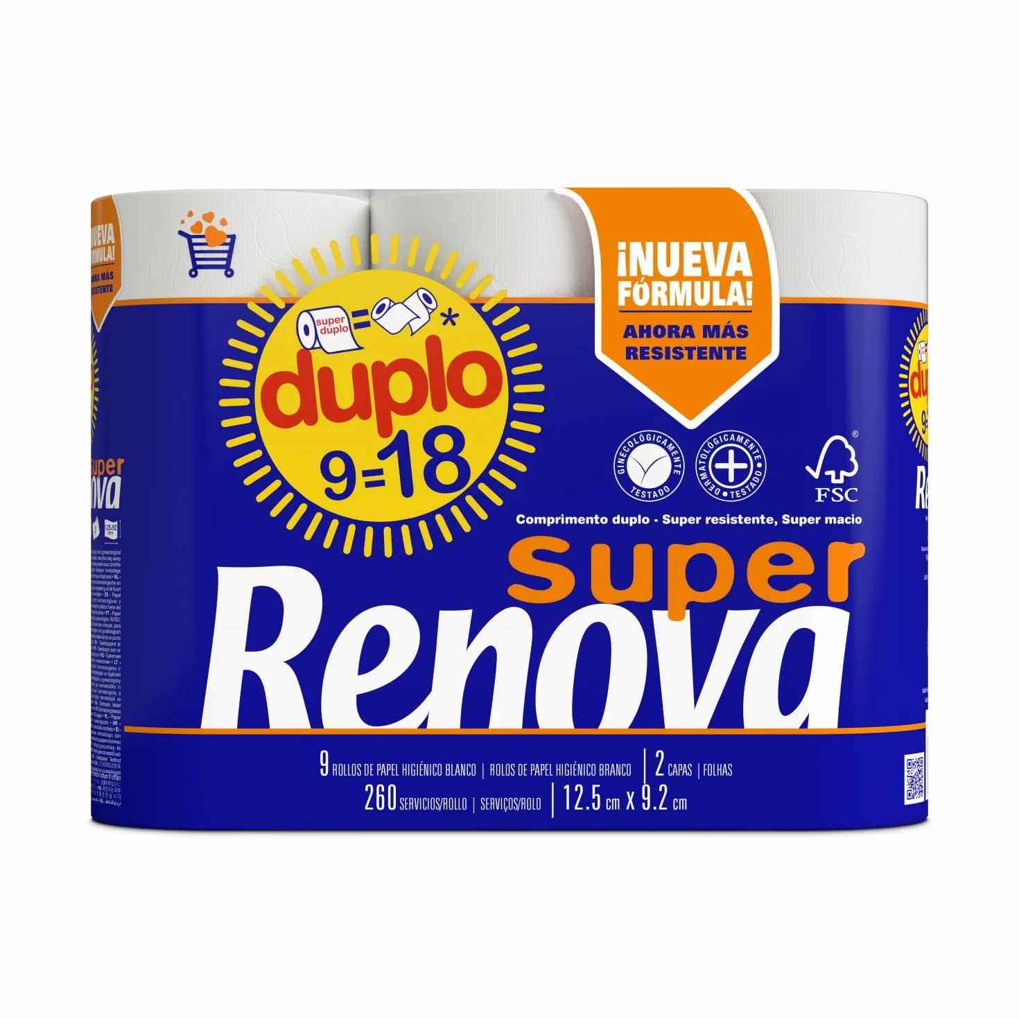 Renova Super Duplo Zestaw 9 rolek papieru toaletowego o podwójnej grubości, biały