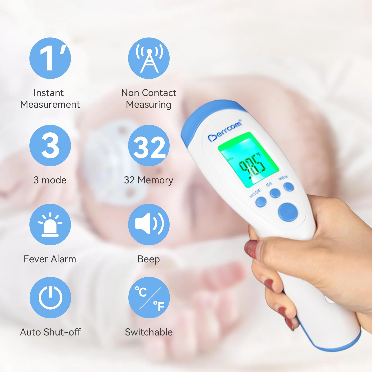 Berrcom Termometr kliniczny bezdotykowy termometr na podczerwień dla niemowląt Termometr cyfrowy na czoło z natychmiastowym odczytem, alarmem gorączki, wyświetlaczem LCD, przełącznikiem °C/°F