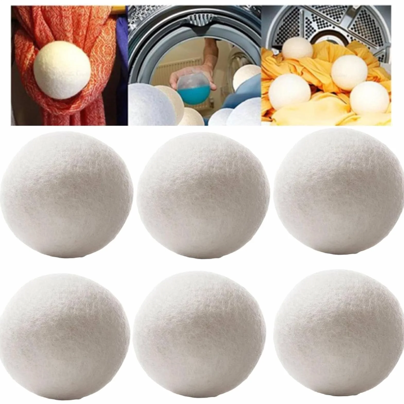 Wool Dryer Ball, Fabric Softener Alternative, 6cm/2.36 Inches in Diameter Reduction, Fresh and Gentle on the Skin Quick-Drying Aid, Set of 6, for Laundry Accessories Wool