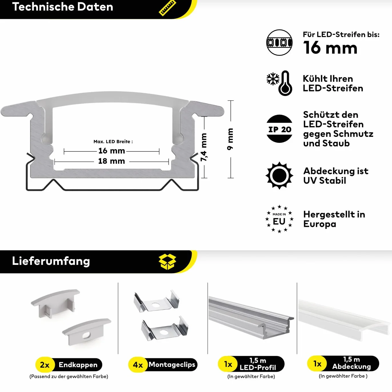 Anodowany profil aluminiowy LED, 150 cm, profil do zabudowy, przezroczysta osłona, do taśm LED 16 mm, kompatybilny z Philips Hue, 1,5 m, Ems