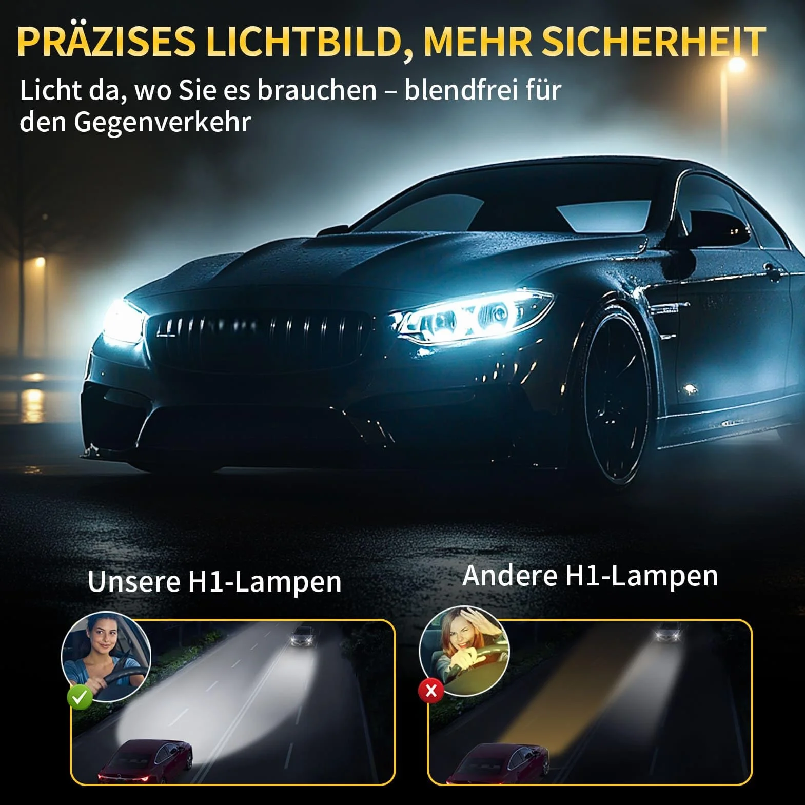 H1 Halogen Auto Lampe 12V 60W – Extra Hell & Ultra Langlebig – 6000K Weißlicht für Klarere Nachtsicht – Stoßfest, Plug-&-Play H1 Scheinwerfer für Abblendlicht & Fernlicht (2 Stück)
