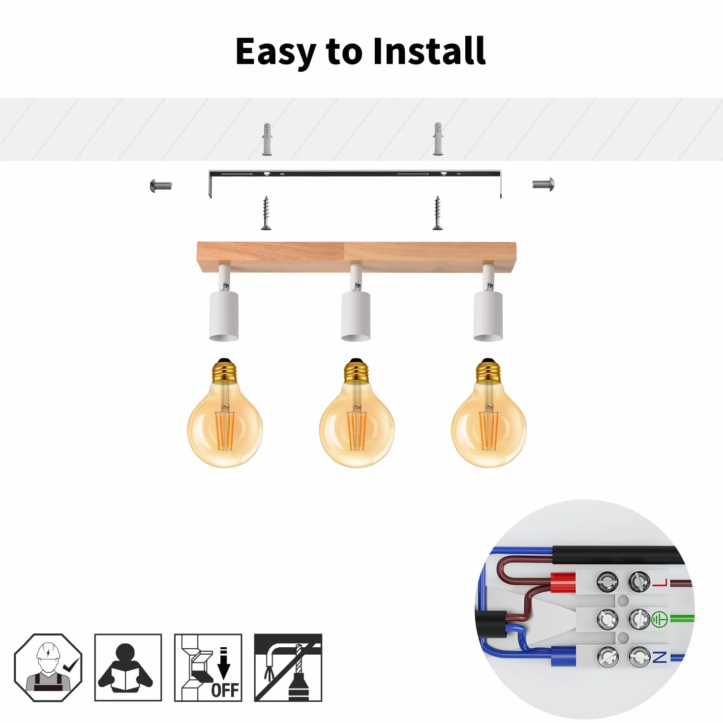 LVWIT Lampa sufitowa LED E27 z 3 reflektorami, białe oświetlenie wewnętrzne, drewniana lampa sufitowa z prostokątną podstawą, lampa ścienna do sypialni, żyrandol kuchenny (bez żarówek)
