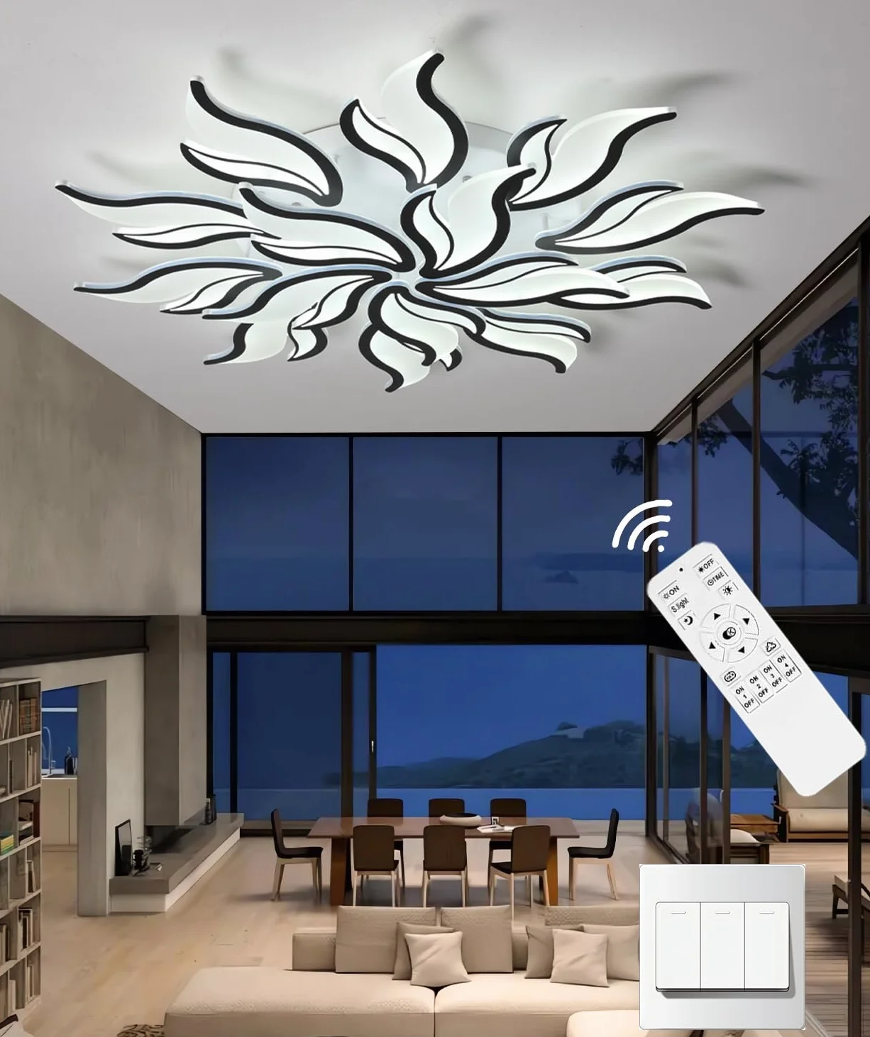 0W ściemnialna lampa sufitowa LED z pilotem zdalnego sterowania,czarna lampa sufitowa,nowoczesna oprawa oświetleniowa z 15 głowicami akrylowymi,100 cm,do salonu,sypialni,restauracji (Czarny, Φ100cm)