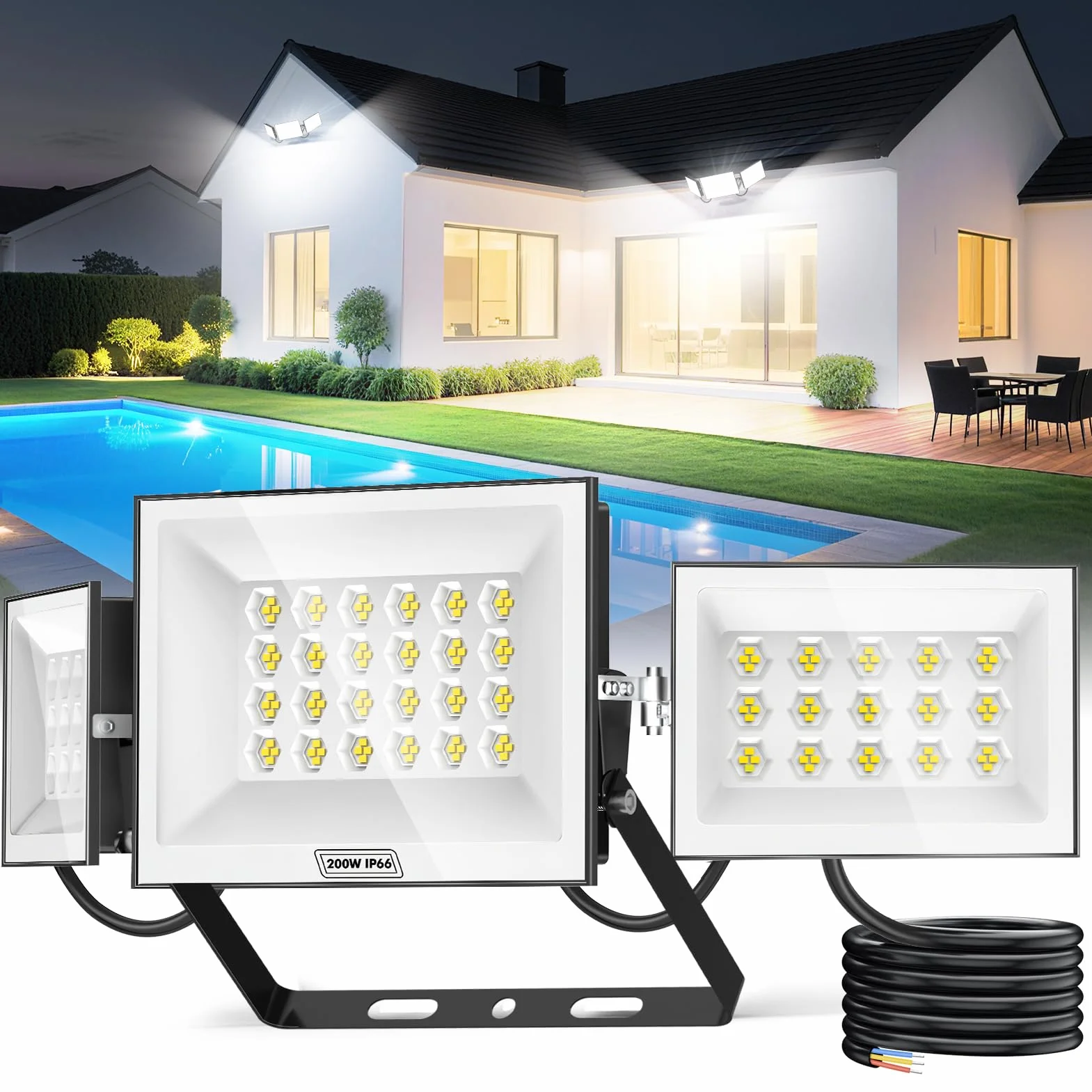 papasbox Reflektor zewnętrzny LED, 200 W, do ogrodu, garażu, na boisko sportowe