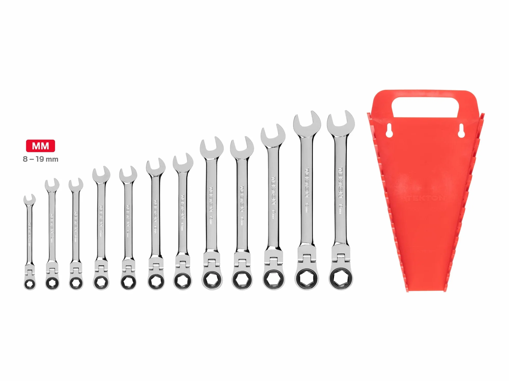 TEKTON WRN57170 zestaw kluczy płasko-oczkowych z grzechotką, metryczny, 8 mm-19 mm, 12-częściowy, srebrny