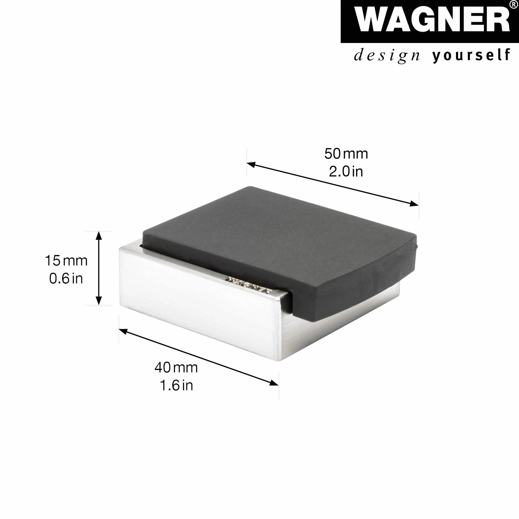 Wagner designerski stoper do drzwi podłogowych i ściennych SCREW OR GLUE/wkręcanie lub klejenie – 47 x 40 x 13 mm, szczotkowany metal, wygląd stali szlachetnej, kauczuk termoplastyczny, czarny, cena
