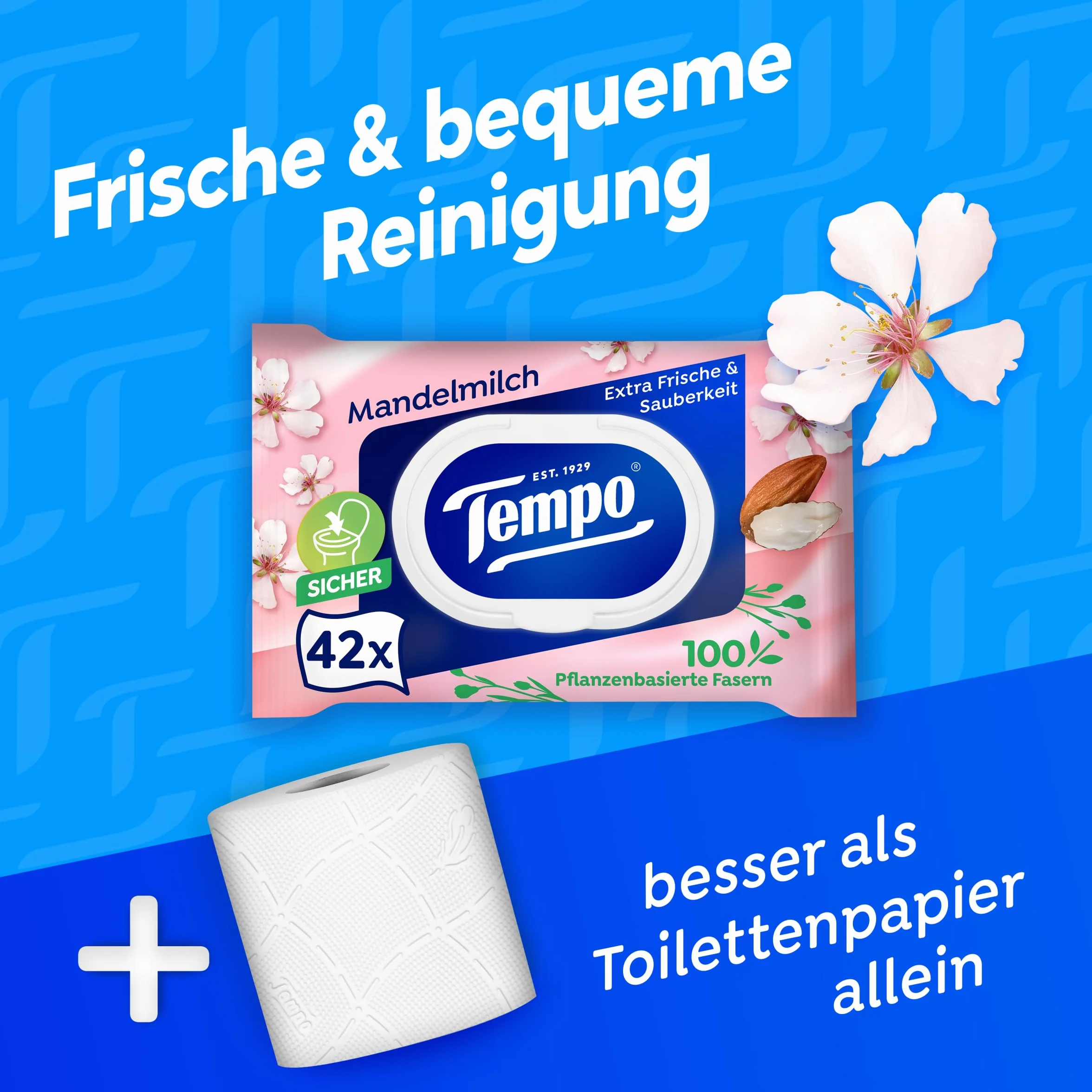 Tempo Papier toaletowy wilgotne mleko migdałowe i pantenol, opakowanie 16 sztuk (8 x 2 x 42 sztuki)
