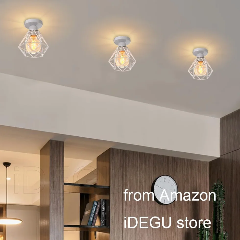 iDEGU Zestaw 2 sztuk przemysłowych metalowych lamp sufitowych w kwadratowej klatce, żyrandol żelazny klosz lampy wiszącej E27 40 W, czarny, do salonu, sypialni, baru (mały biały diament)