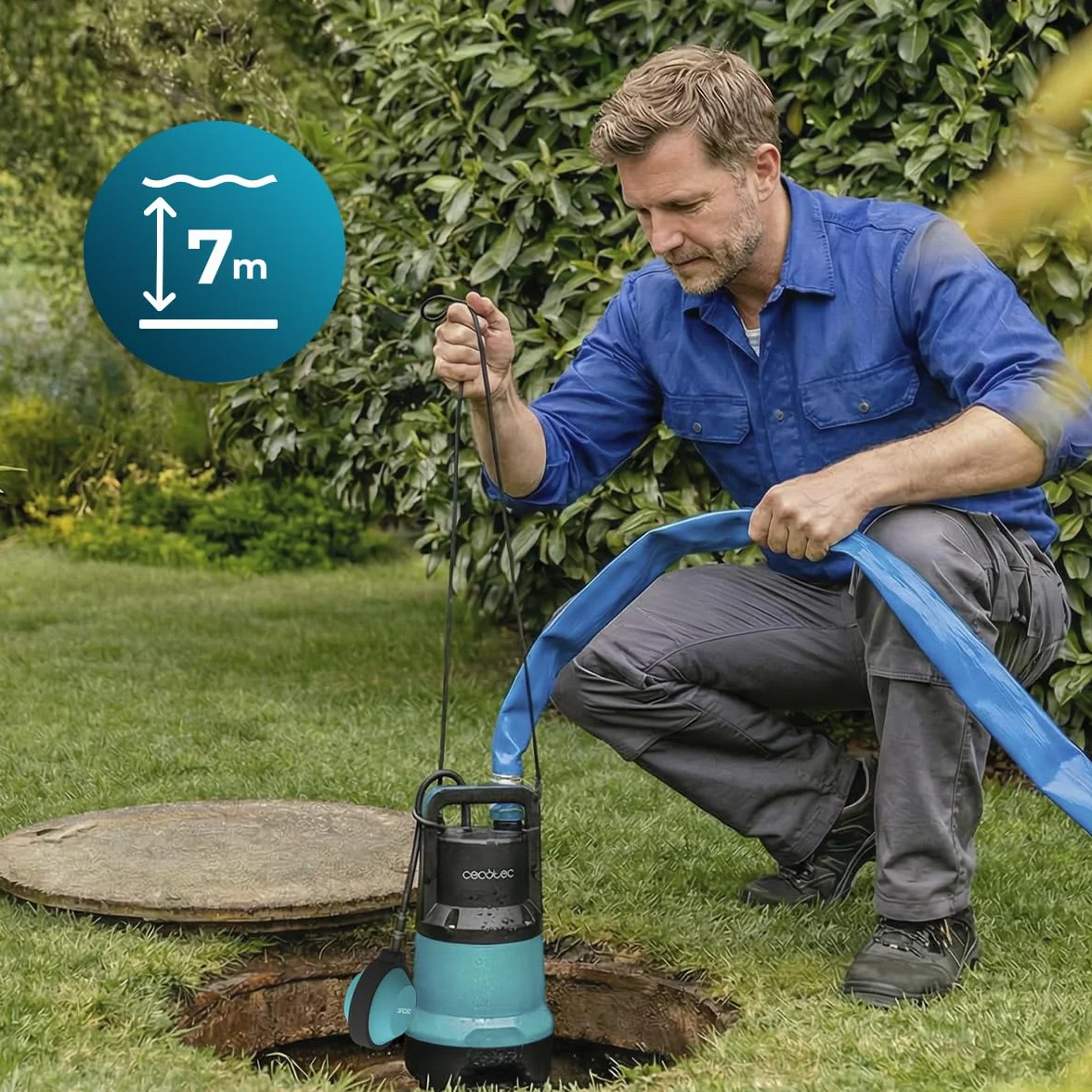 Cecotec Neptunus 750 Zatapialna pompa ciemna i kryształowa 750 W, 2w1 woda czysta i brudna, 14000 l/h, funkcja niskiego zasysania, wysokość 7,5 m, głębokość 7 m, przełącznik pływakowy, IPX8, kabel 10
