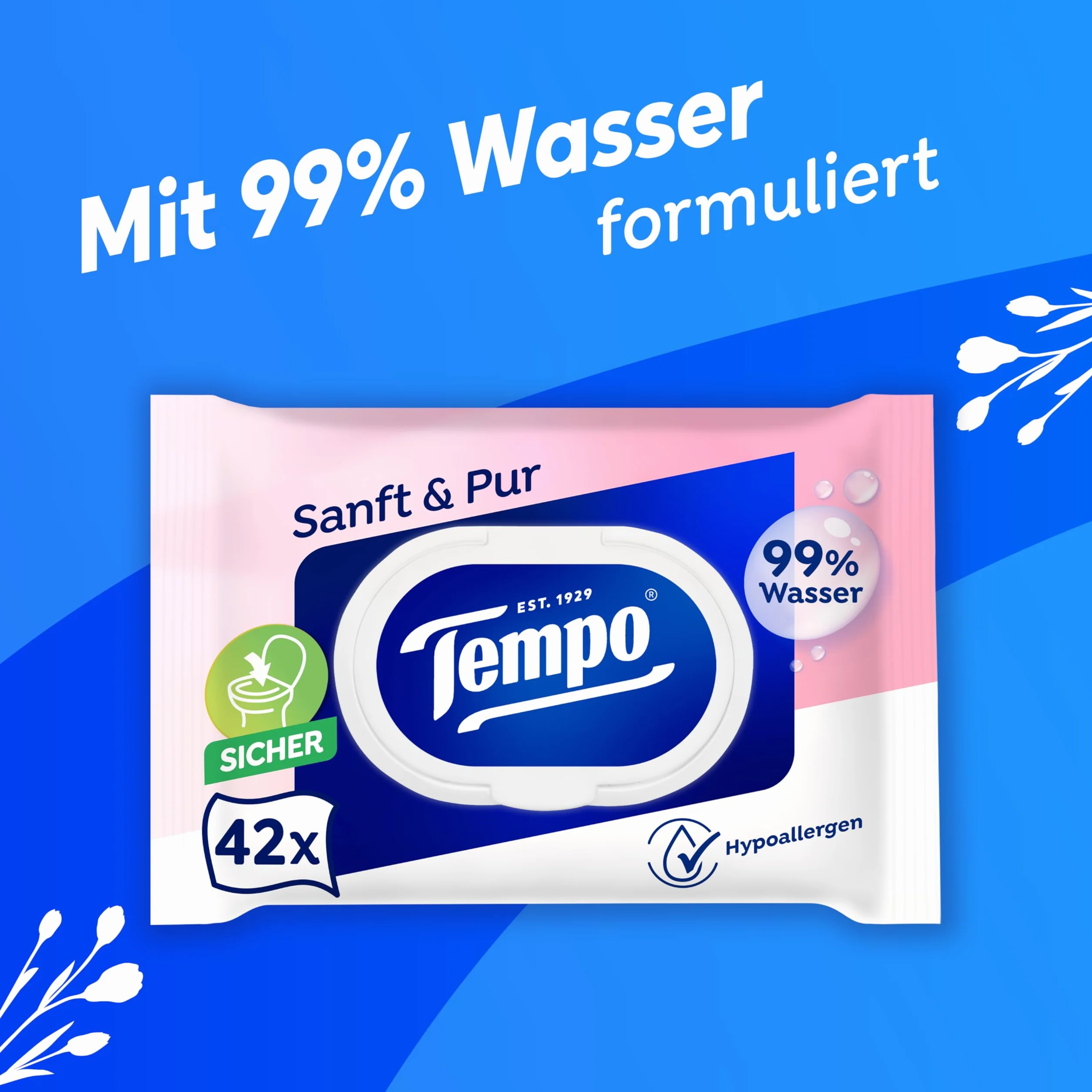 Tempo Wilgotne ściereczki toaletowe "Soft & Pur" - Megapack - 16 opakowań po 42 ściereczki - podwójne opakowania - wilgotny papier toaletowy, testowany dermatologicznie i neutralny dla skóry