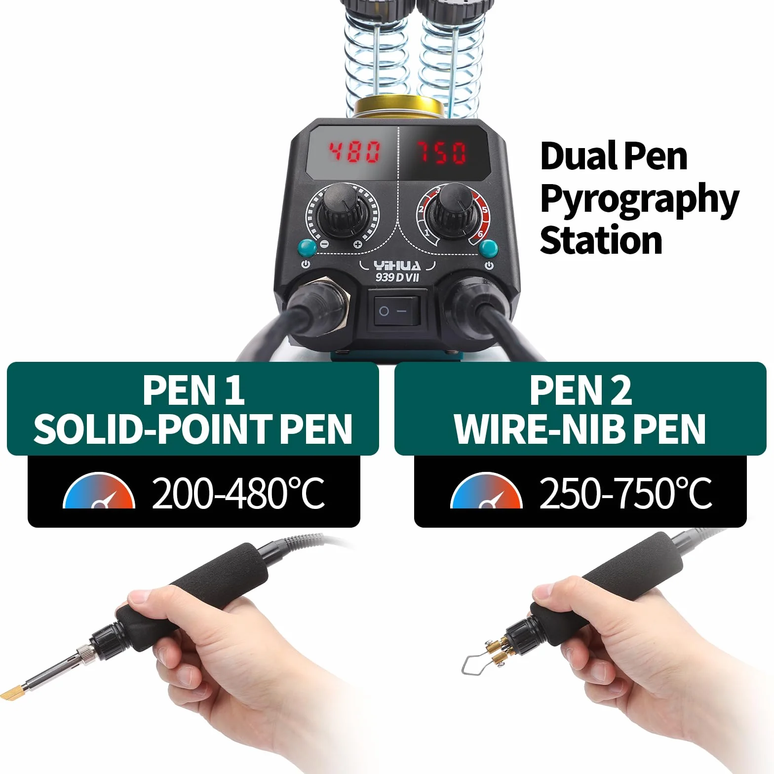 YIHUA 939D-VII profesjonalny zestaw do wypalania drewna Stacja 2 w 1 Solid-Point 200-480°C (z wyświetlaczem temperatury)/Wire-Nib 250-750°C z 23 końcówkami, 25 stałymi punktami
