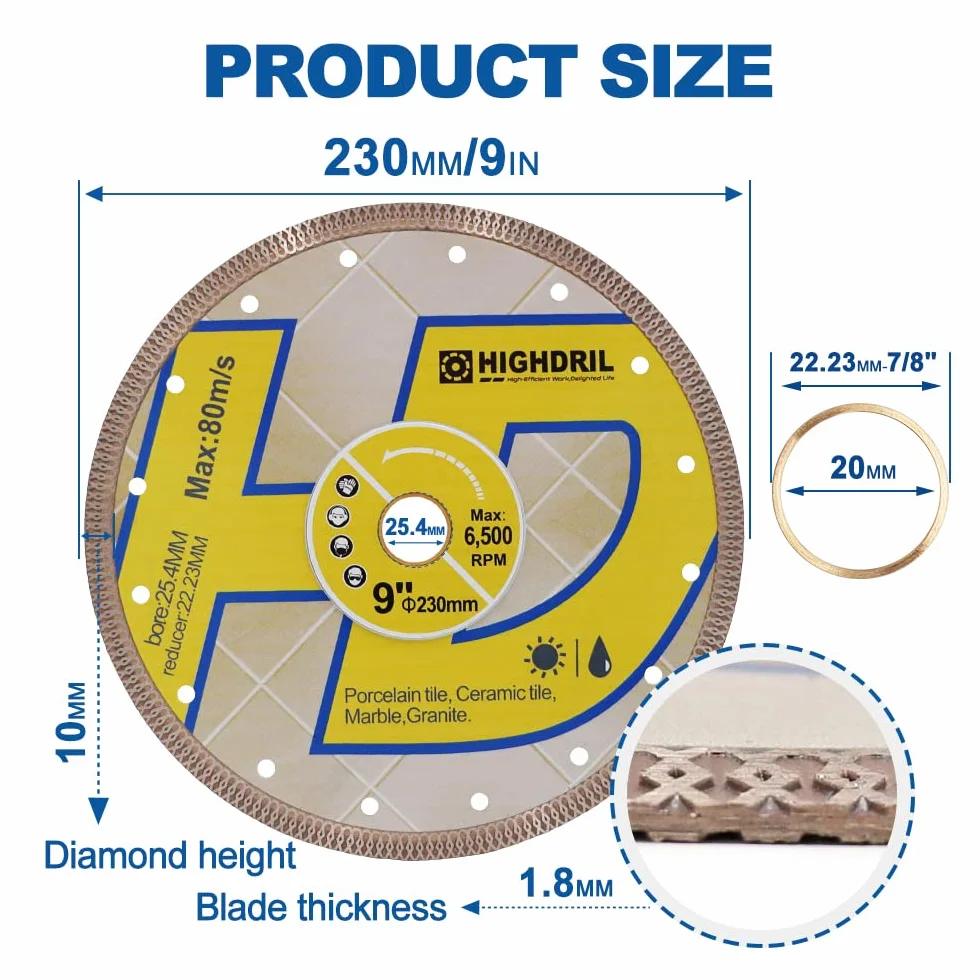 Supercienkie diamentowe ostrze, HIGHDRIL 5 szt. 9 cali / 230 mm suche lub mokre diamentowe ostrze do płytek z krawędzią X siatkową szlifierek aniołów tarcza cięcia porcelana, ceramika, terakota, granit, marmur