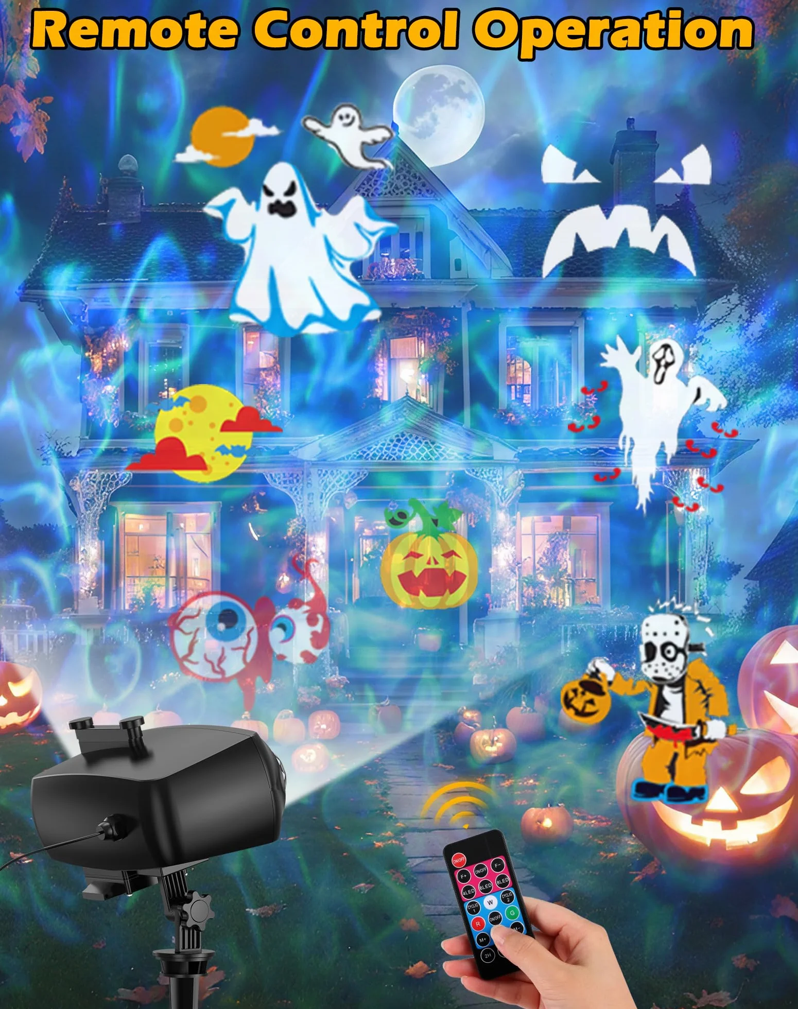 Projektor na Boże Narodzenie i Halloween - Efekt Płatków Śniegu i Fal Wodnych, 12 Wzorów z Pilotem Zdalnego Sterowania - Na Prezent, Imprezę