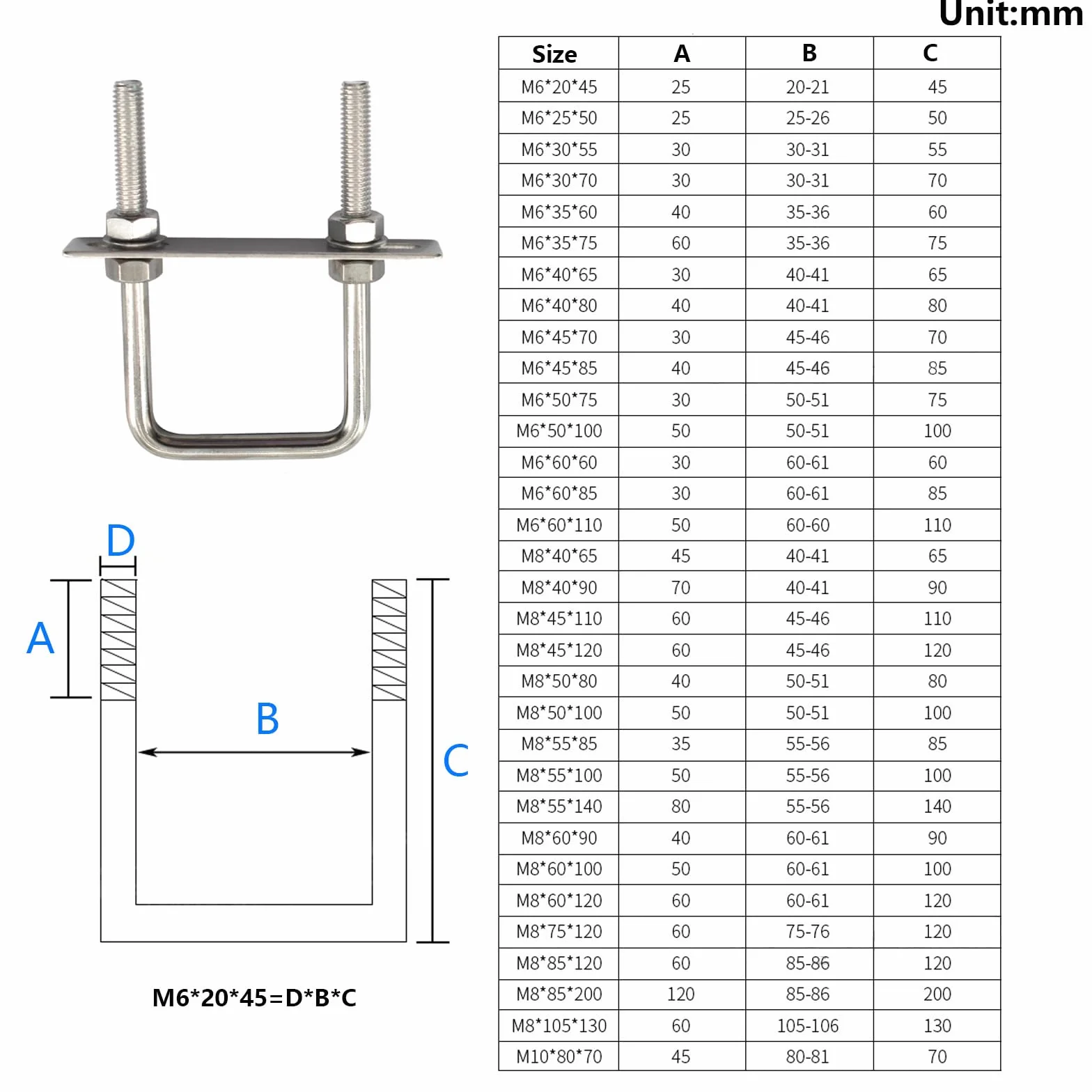 M6 x 35 x 60 mm kwadratowe śruby U ze stali nierdzewnej 304 z nakrętkami sześciokątnymi, płyta ramowa, podkładki okrągłe (4 sztuki)