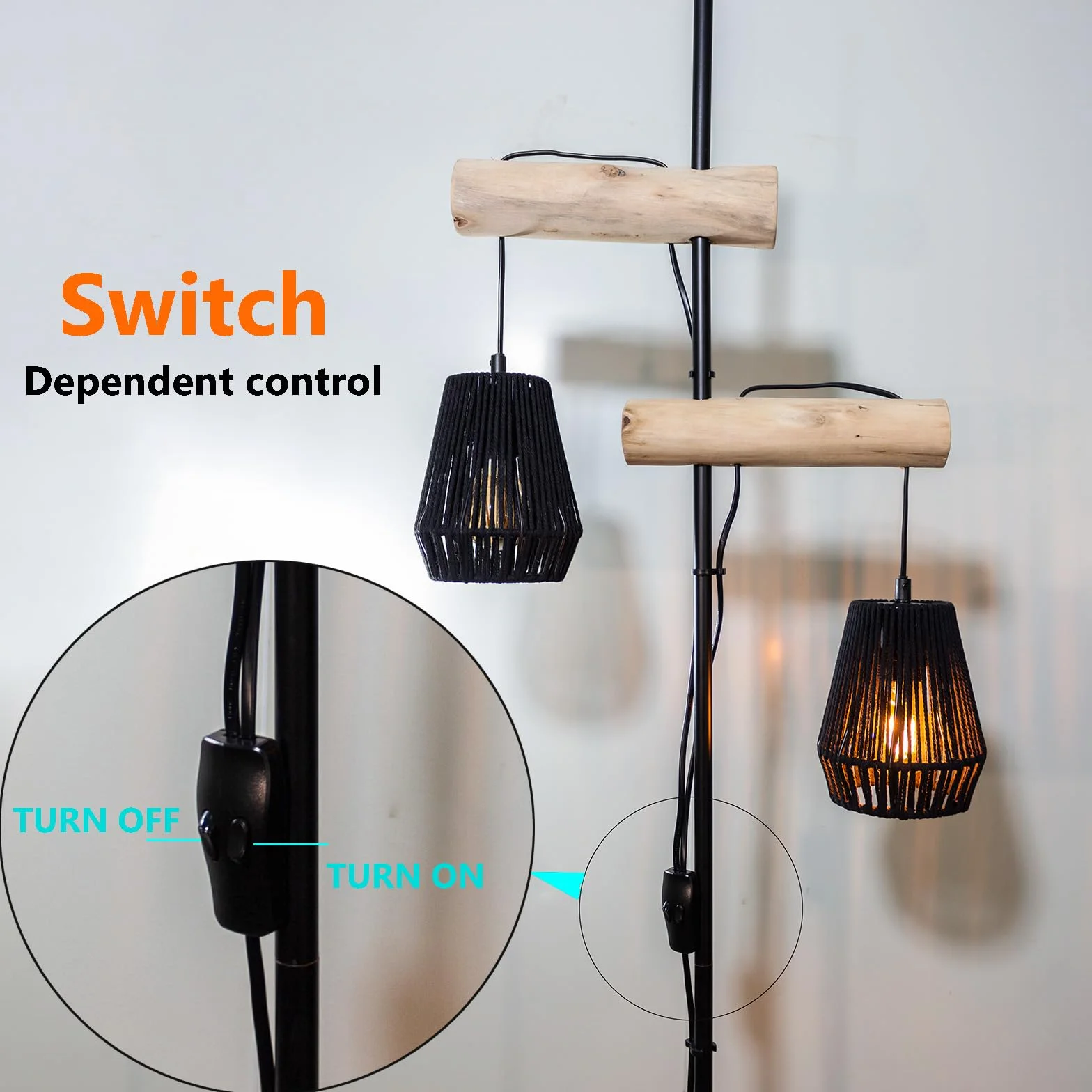 Vintage Lampa podłogowa z wiklinowym abażurem i drewnianą podłogą, idealna do salonu, 169 cm