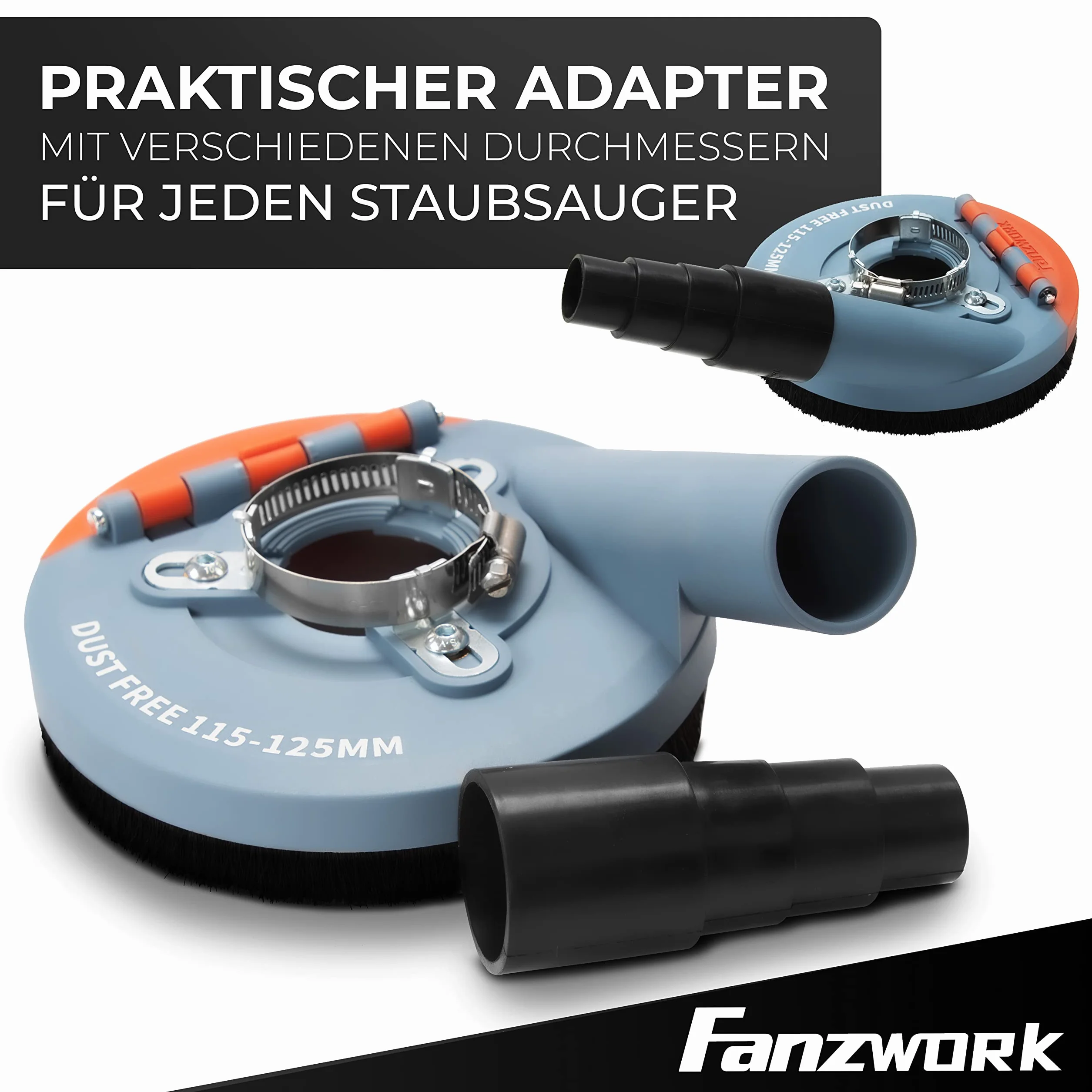 FANZWORK Osłona Ssąca do szlifierki Kątowej z Tarczą Diamentową 125 mm, Wymienne Szczotki, Kompatybilny w 99% Uniwersalny Kształt, Wzmocniony Pierścień Adaptera, Adapter M14