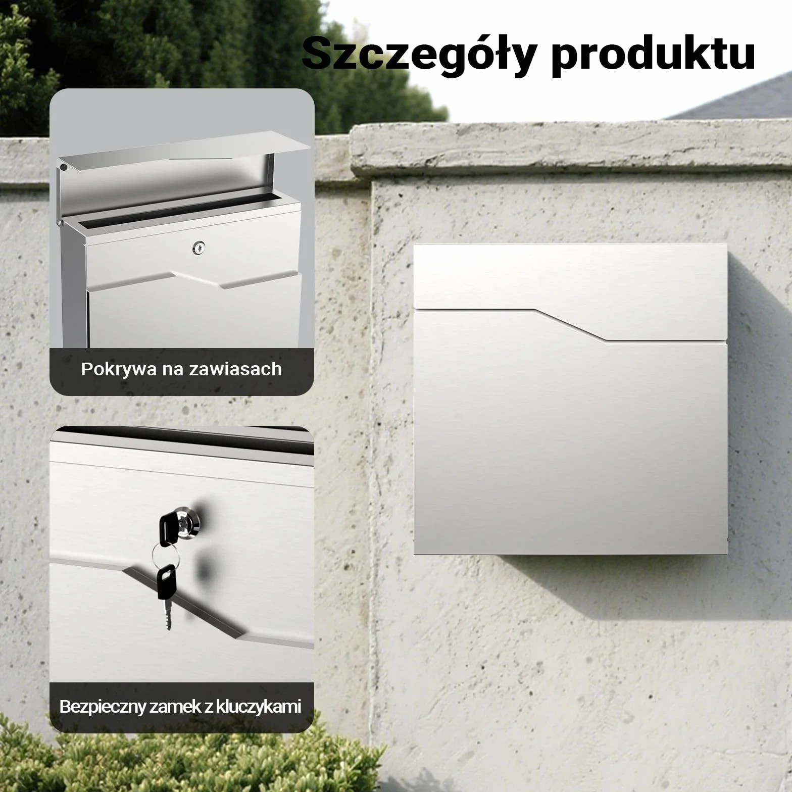 Wiltec Skrzynka na listy stal nierdzewna V19 z ukrytym zamkiem, nowoczesna skrzynka pocztowa do montażu na ścianie i stojaku, miejsce na gazety