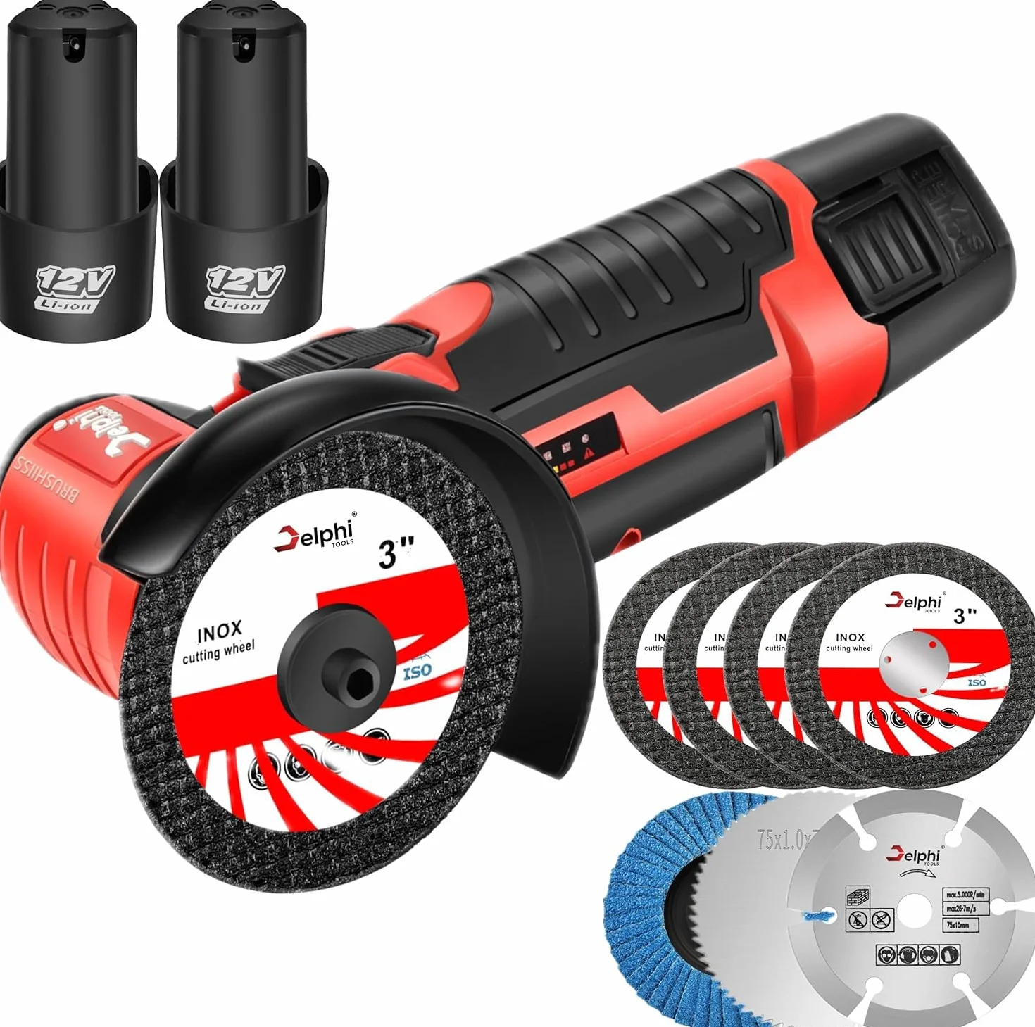 DELPHI Mini akumulatorowa szlifierka kątowa 75mm 12V 2 akumulatory Silnik bezszczotkowy Akumulator Mini Mocna szlifierka do cięcia Mini Akkuflex 7x tarcze tnące z walizką transportową