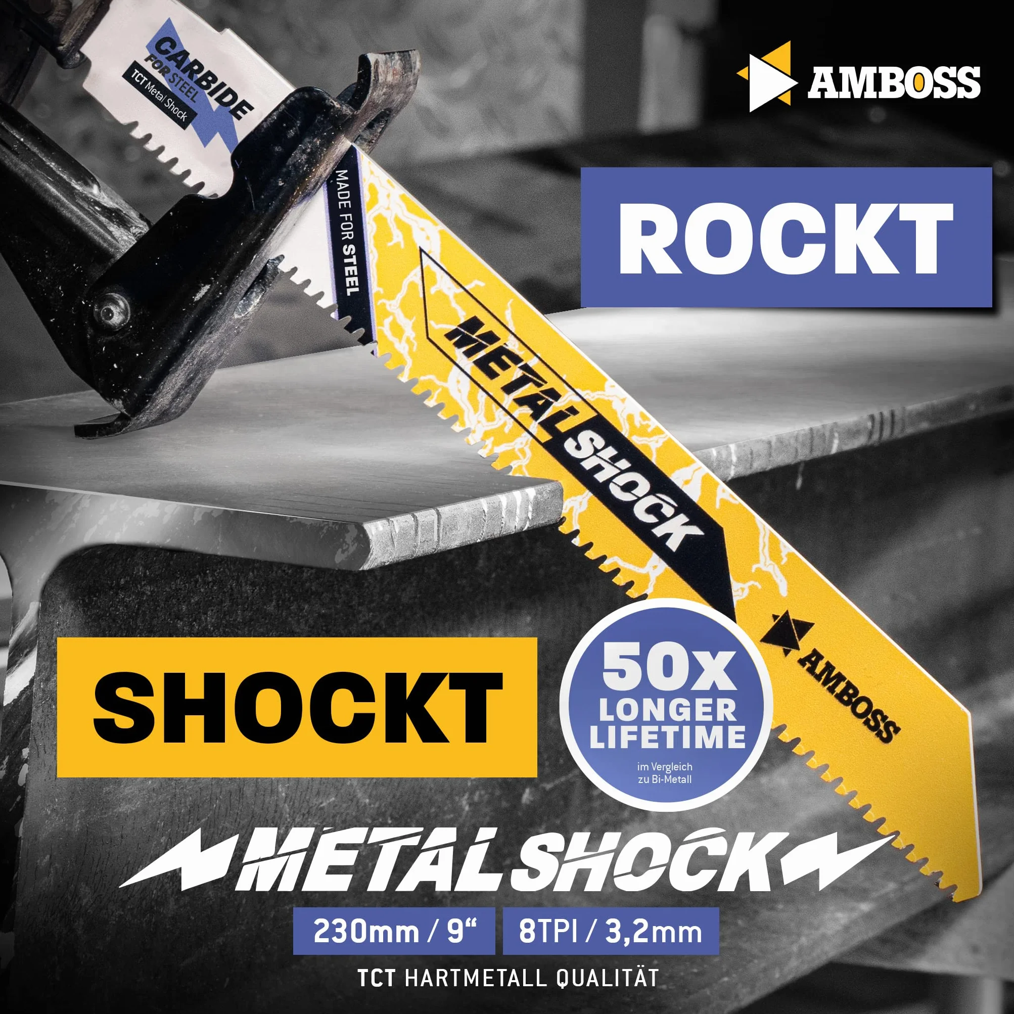 AMBOSS METAL SHOCK - 10 x brzeszczot do piły szablastej długość 230 mm / 8 ZpZ - idealny do odrywania / ratowania pojazdu / montażu / demontażu / budowy rur - nadaje się do stali (rur / profili / wsporników) oraz rur żeliwnych