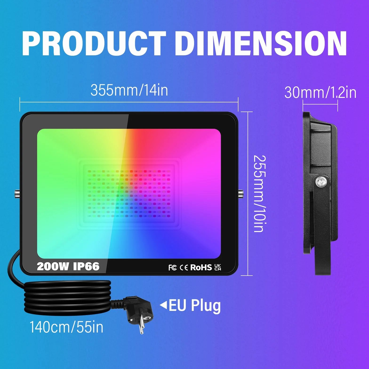 RIGIDON 1 x 200 W RGB Zewnętrzny projektor LED Pilot zdalnego sterowania, 20000 LM Zewnętrzny i wewnętrzny kolor RGBW Światło projektora, timer neonowy LED do Jadin, taras, patio, wodoodporny IP66