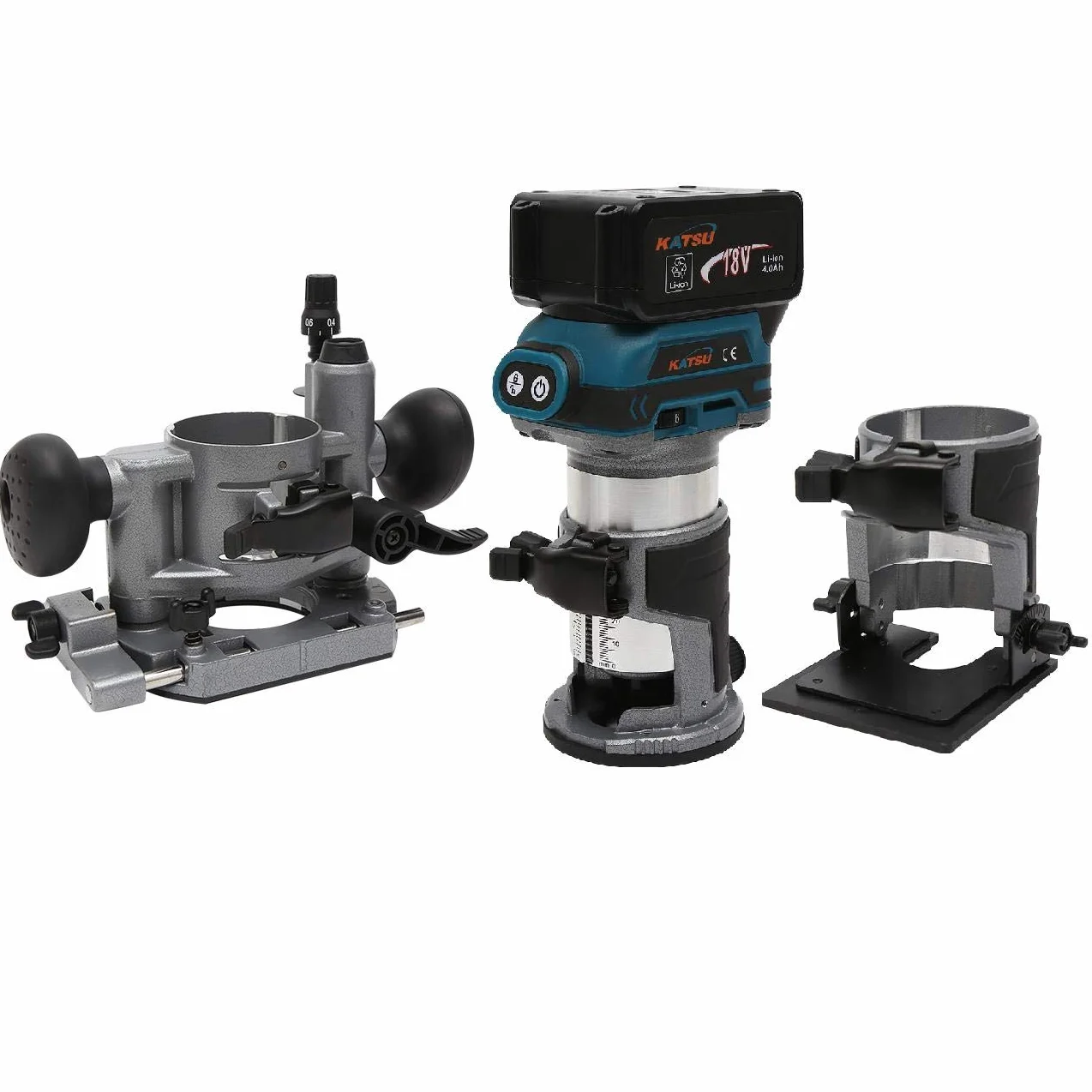 KATSU frezarka górnowrzecionowa, zestaw frezów krawędziowych, 18 V, z 3 podstawami + 3 zaciskami, 6 mm, 8 mm i 10 mm + bateria 4,0 Ah i ładowarką