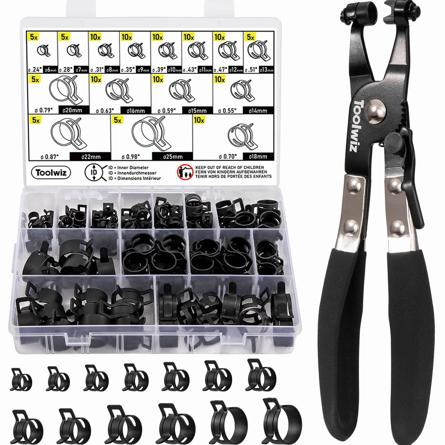 Toolwiz 120 szt. 6-25 mm zaciski do węży sprężynowych z obrotowymi szczypcami zaciskowymi do węża, 15 rozmiarów zacisków do węża, asortyment opasek sprężynowych, przewód paliwowy, wąż próżniowy