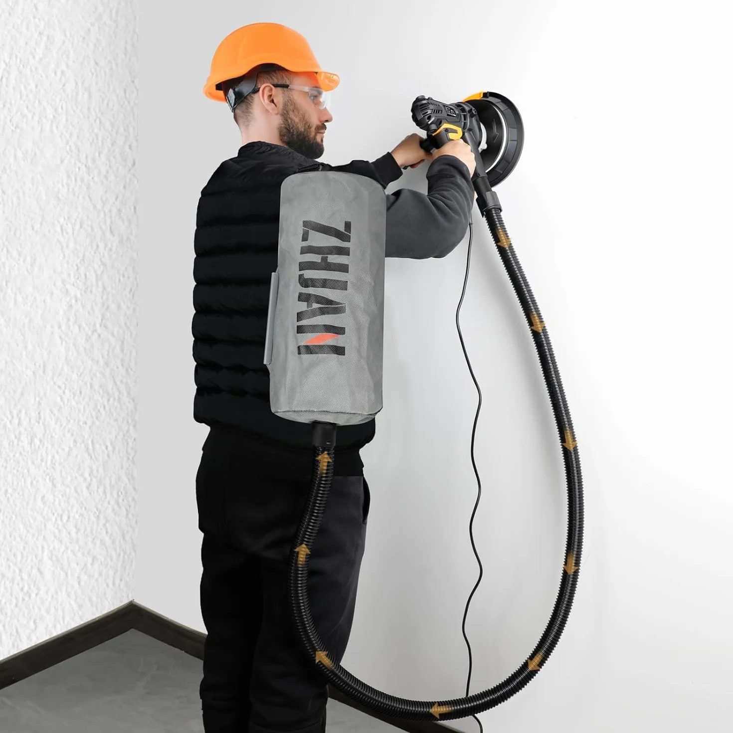 Szlifierka do płyt kartonowo-gipsowych (900 W), 1400-2700 obr./min szlifierka elektryczna do ścian, szlifierka ścienna z odkurzaczem, światła LED, worek na kurz i wąż oraz 12 tarcz szlifierskich